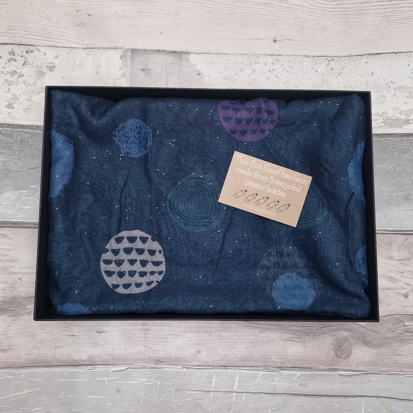 Gift Boxed Blue Eco Scarf with circle pattern.