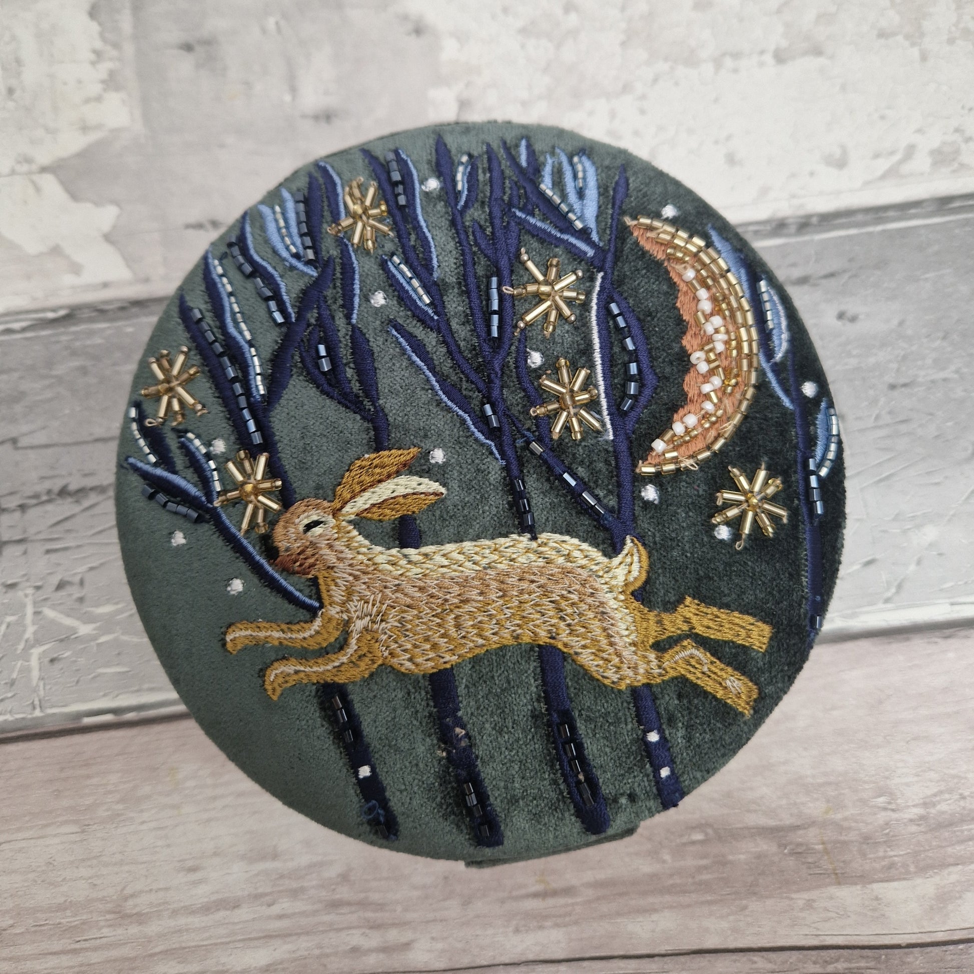 Dark Grey velvet covered jewellery box with an embroidered cover featuring a hare running through the woods on a moonlit starry night.