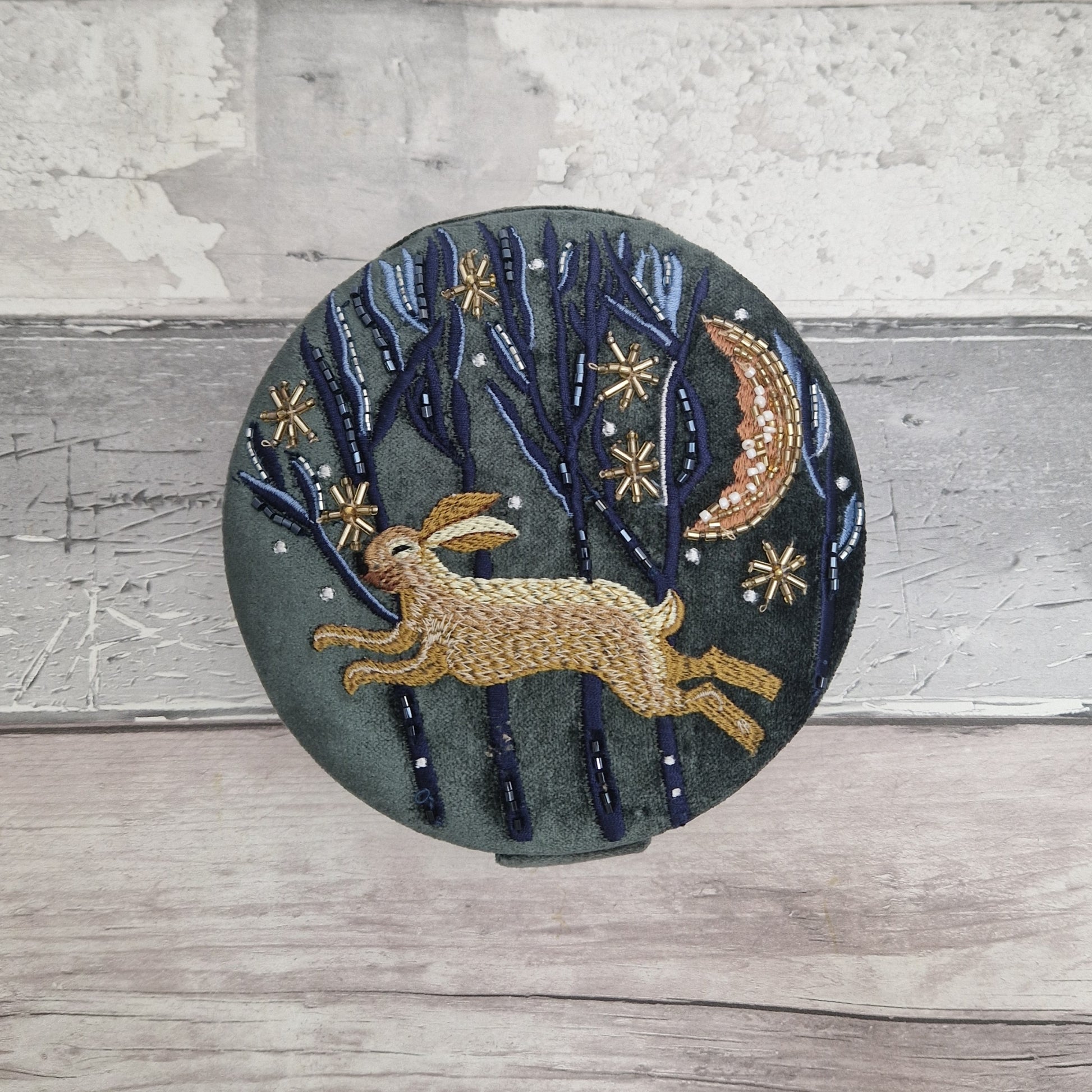 Dark Grey velvet covered jewellery box with an embroidered cover featuring a hare running through the woods on a moonlit starry night.