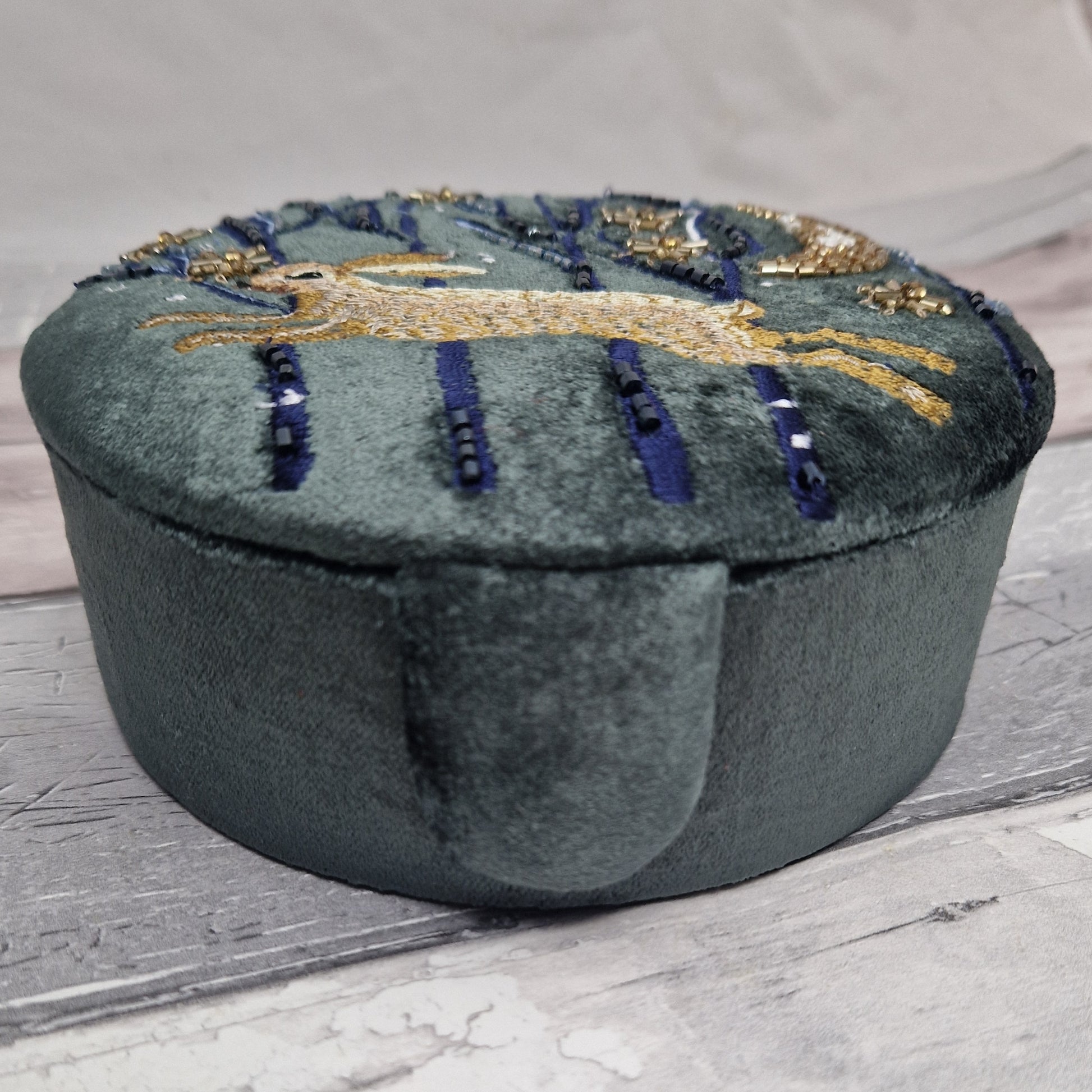 Dark Grey velvet covered jewellery box with an embroidered cover featuring a hare running through the woods on a moonlit starry night.