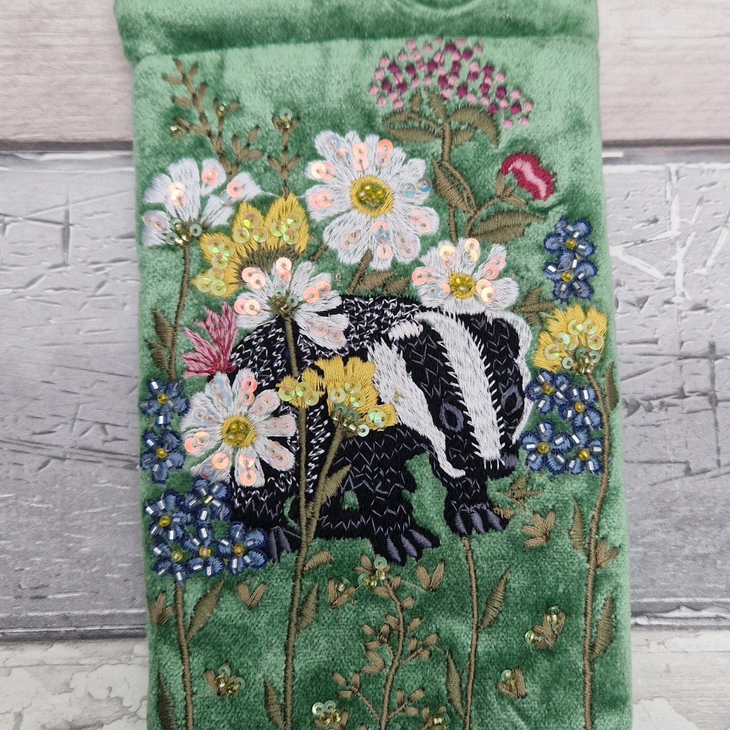 Green Velvet Glasses Case / Phone Pouch with Badger Design