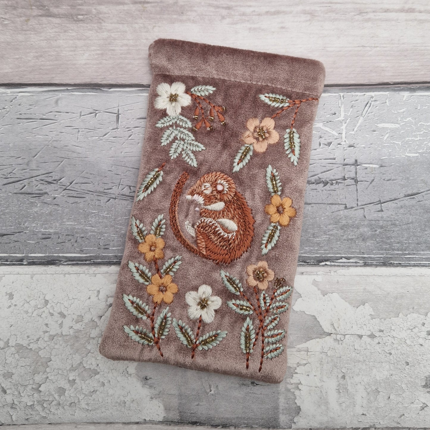 Buff velvet glasses case decorated with an embroidered Sleeping Dormouse. Finished with beads.