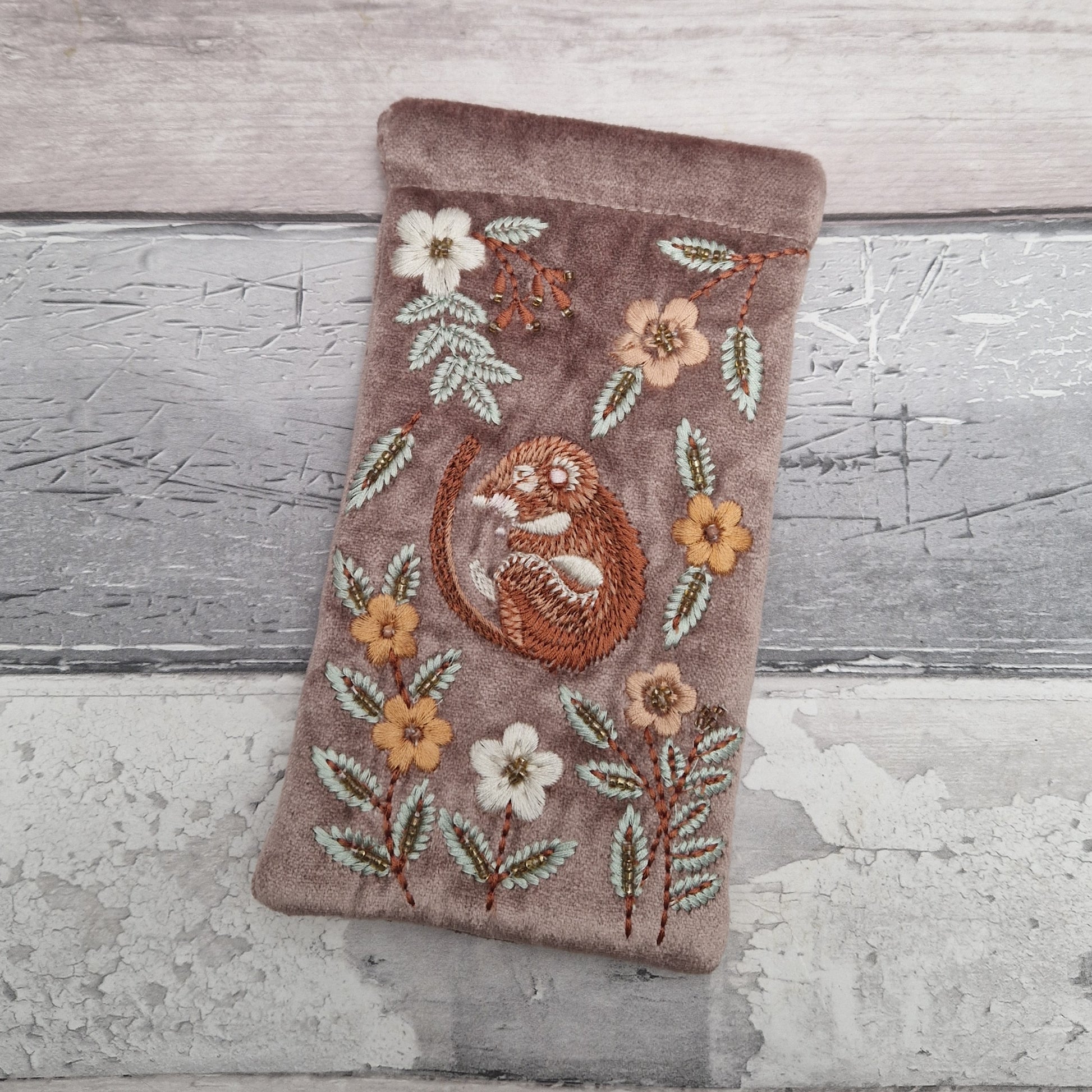 Buff velvet glasses case decorated with an embroidered Sleeping Dormouse. Finished with beads.