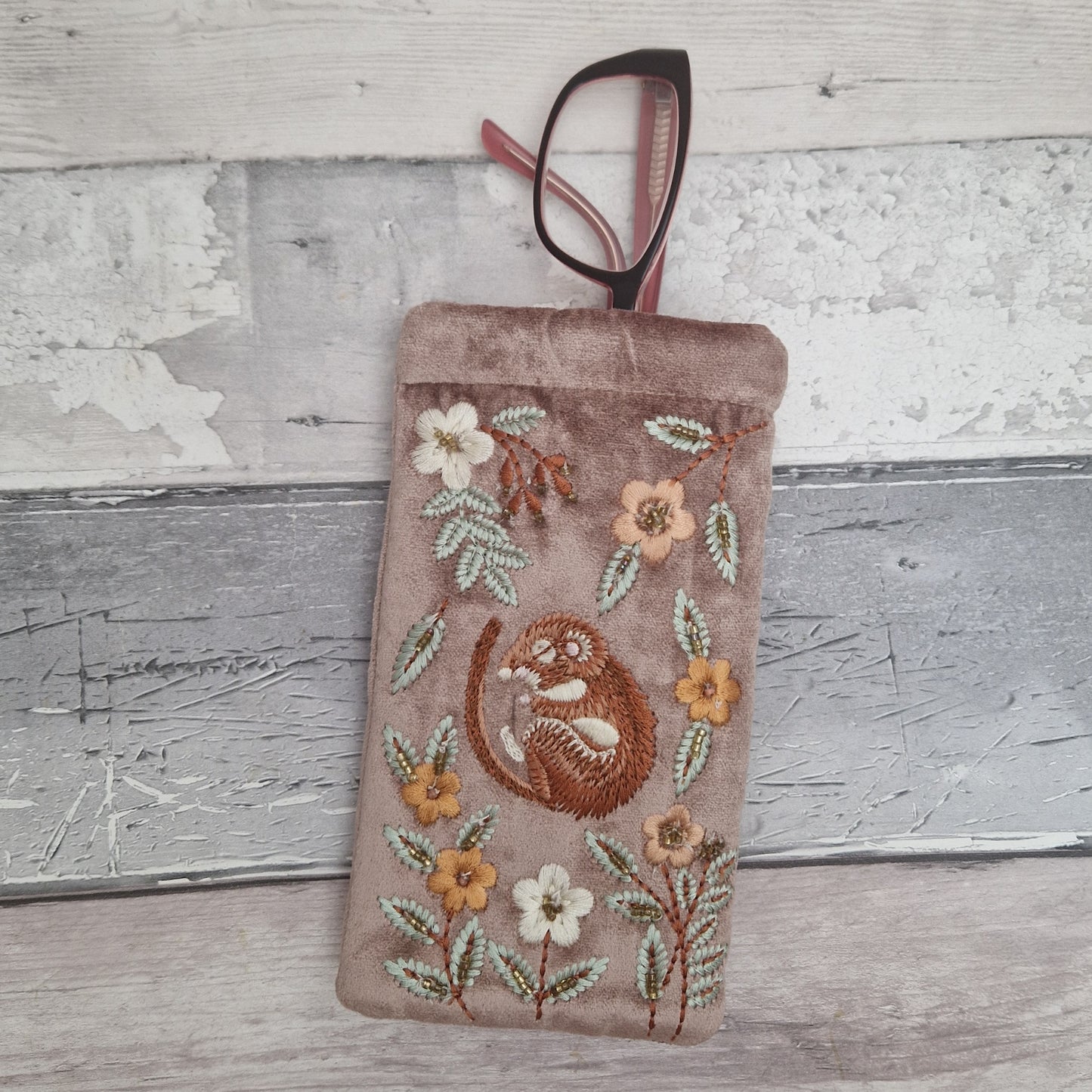 Buff velvet glasses case decorated with an embroidered Sleeping Dormouse. Finished with beads.