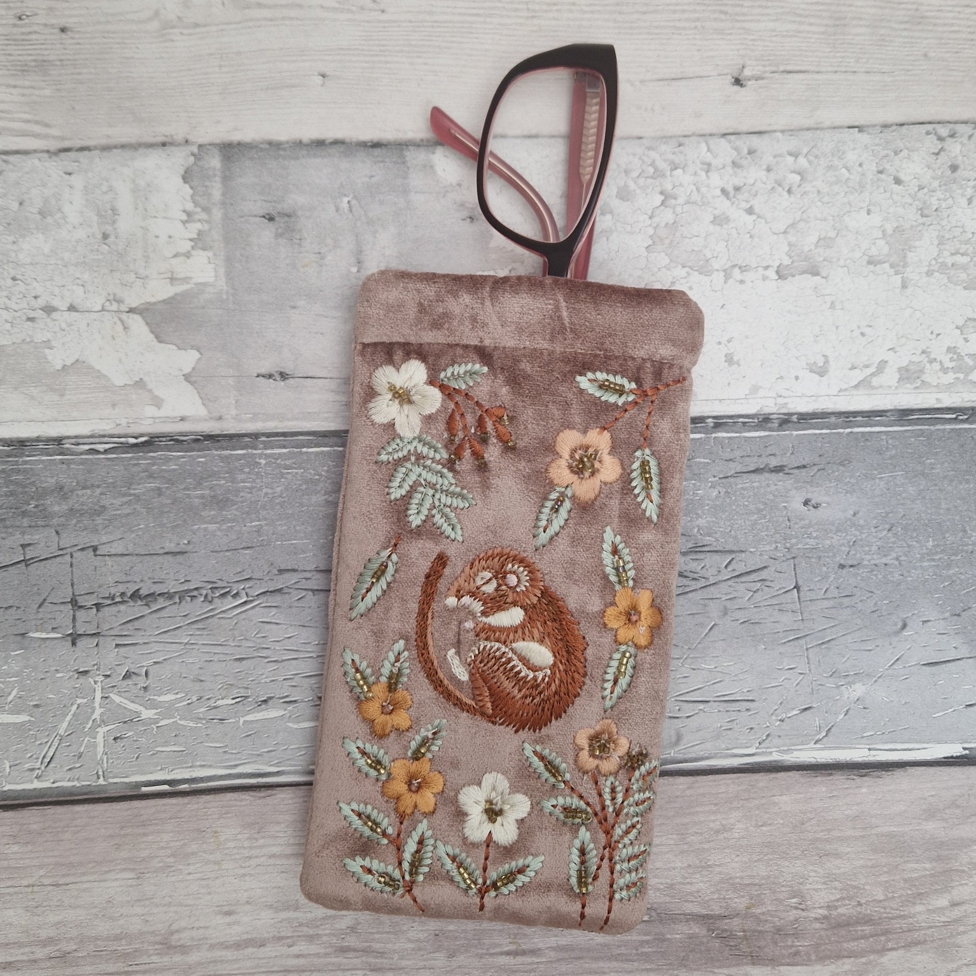 Buff velvet glasses case decorated with an embroidered Sleeping Dormouse. Finished with beads.