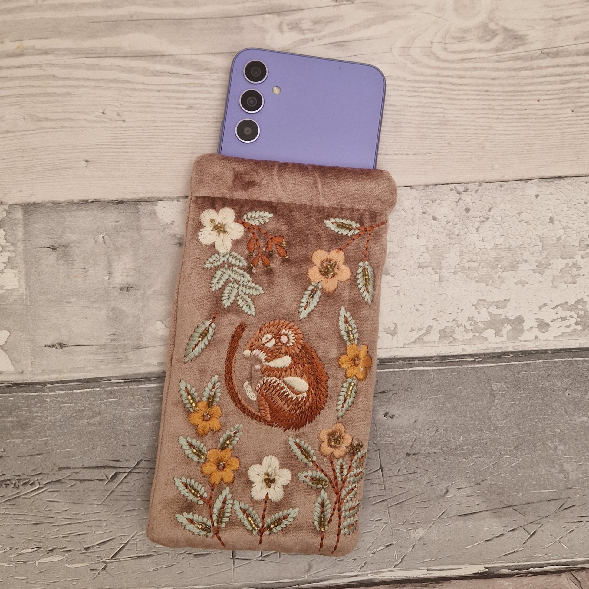 Buff velvet glasses case decorated with an embroidered Sleeping Dormouse. Finished with beads.