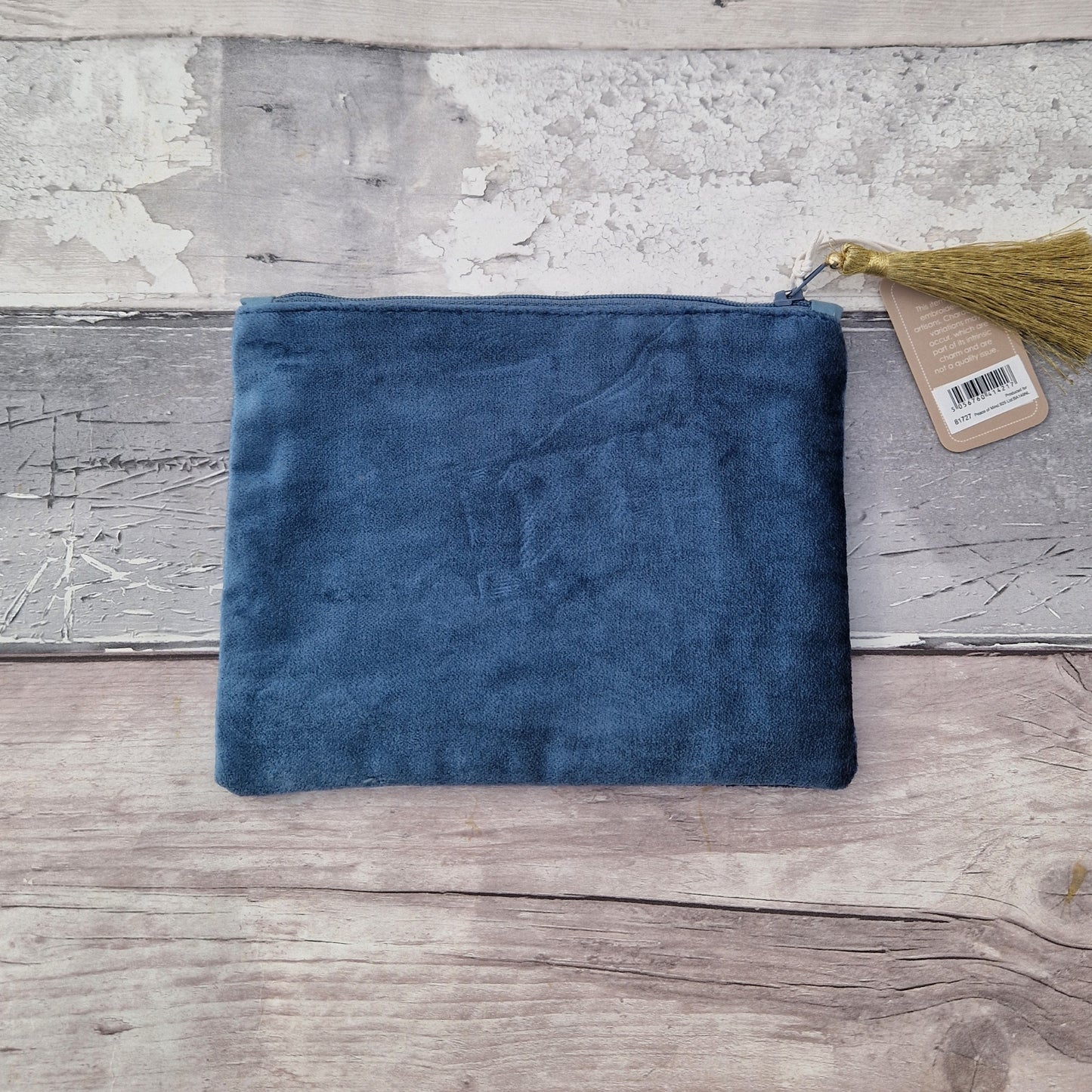 Dusky Blue Velvet Make up Bag decorated with an embroidery and bead design featuring a Robin surrounded by festive holly.