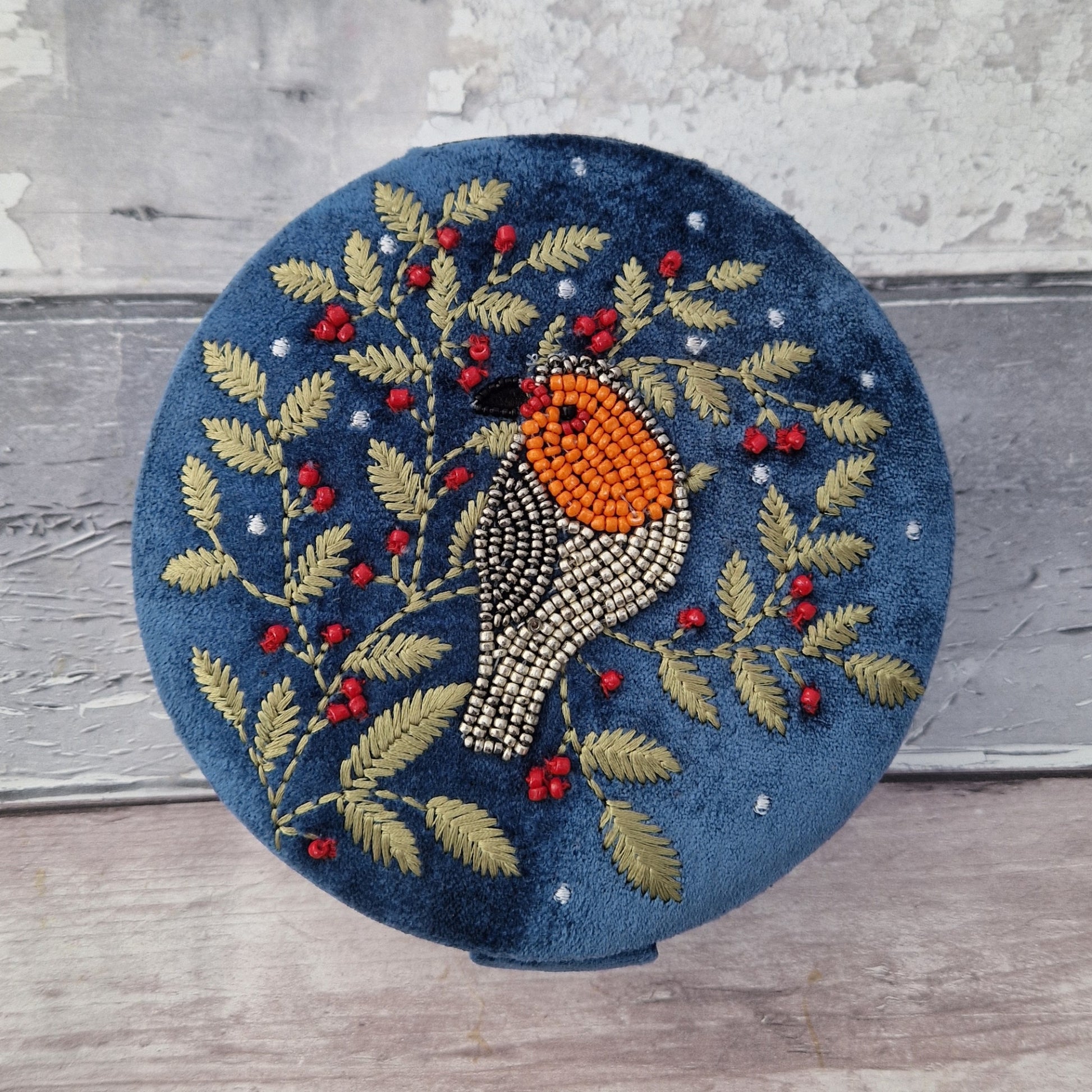 Dusky Blue Velvet Jewellery Box decorated with an embroidery and bead design featuring a Robin surrounded by festive holly.