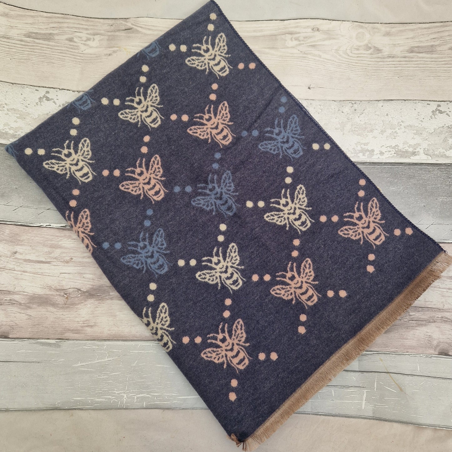 Navy blue scarf with bee pattern in pink cream and blue accents.
