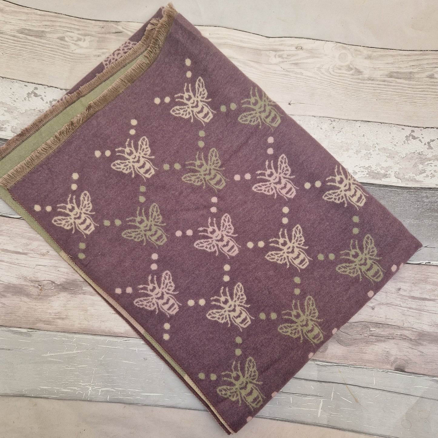 Purple bee print scarf with accents of cream, pink and olive green.