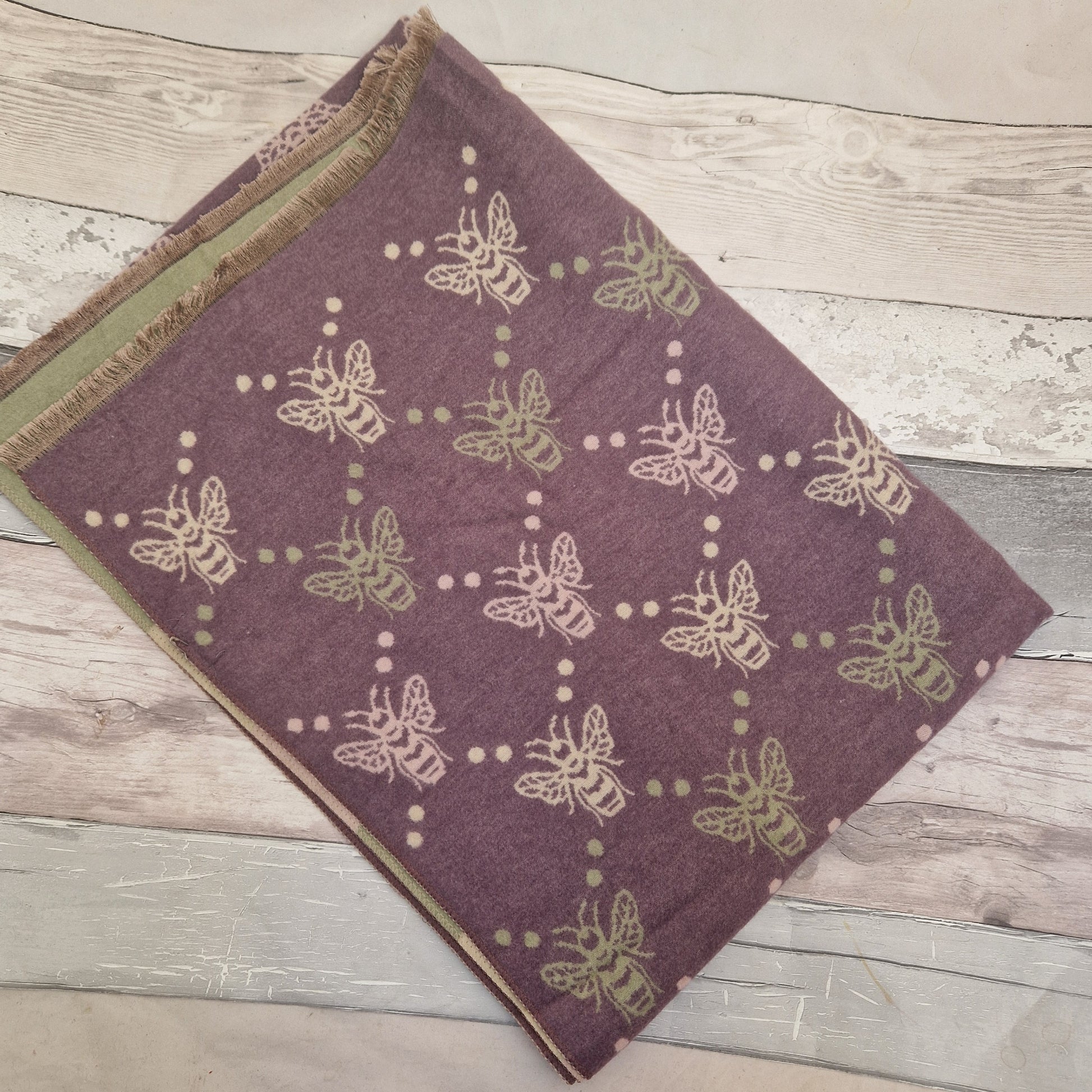 Purple bee print scarf with accents of cream, pink and olive green.