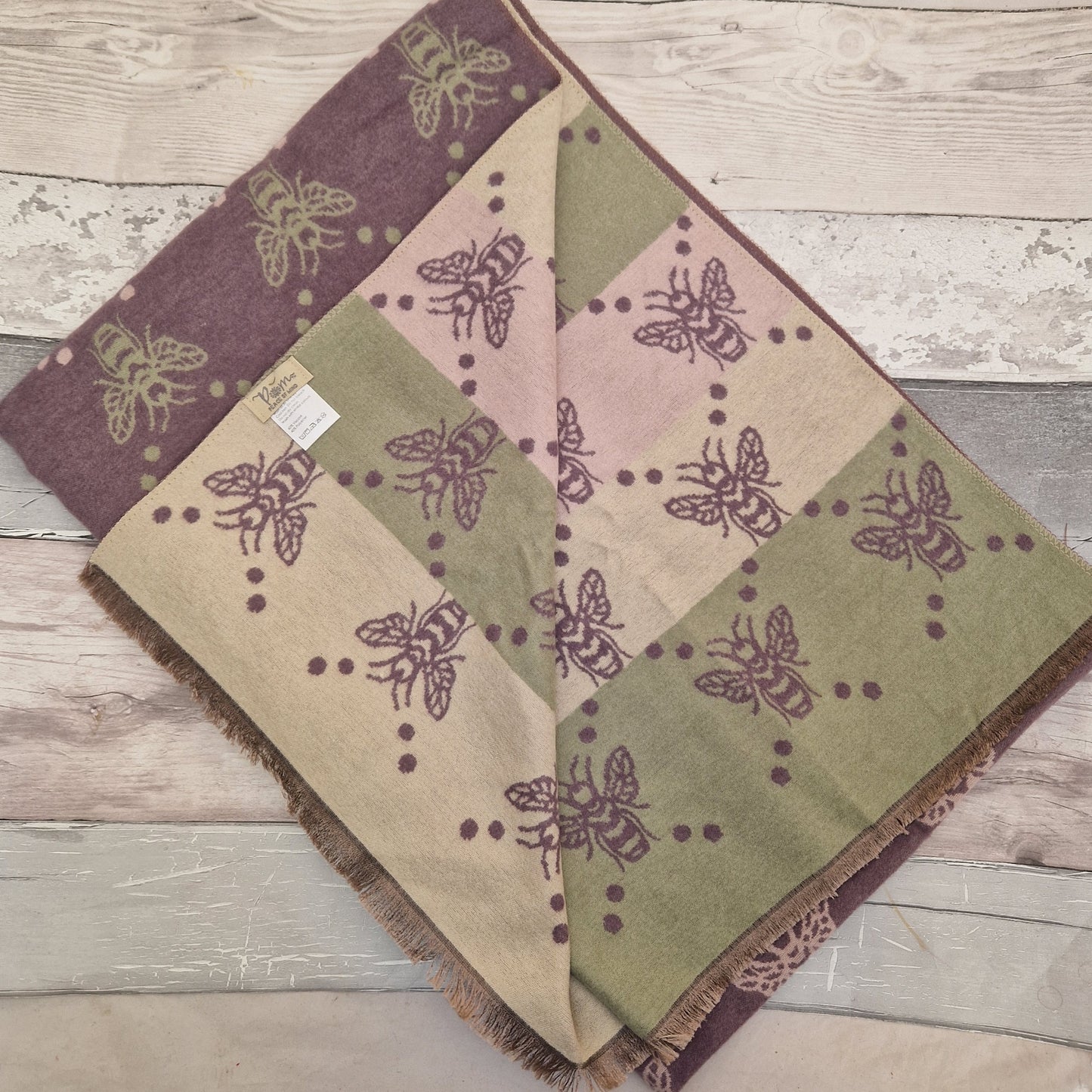 Reversible purple bee print scarf with accents of cream, pink and olive green.