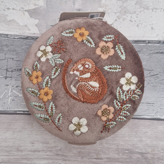 Buff Velvet Jewellery Box embroidered with a design of a dormouse asleep in amongst flowers and leaves.