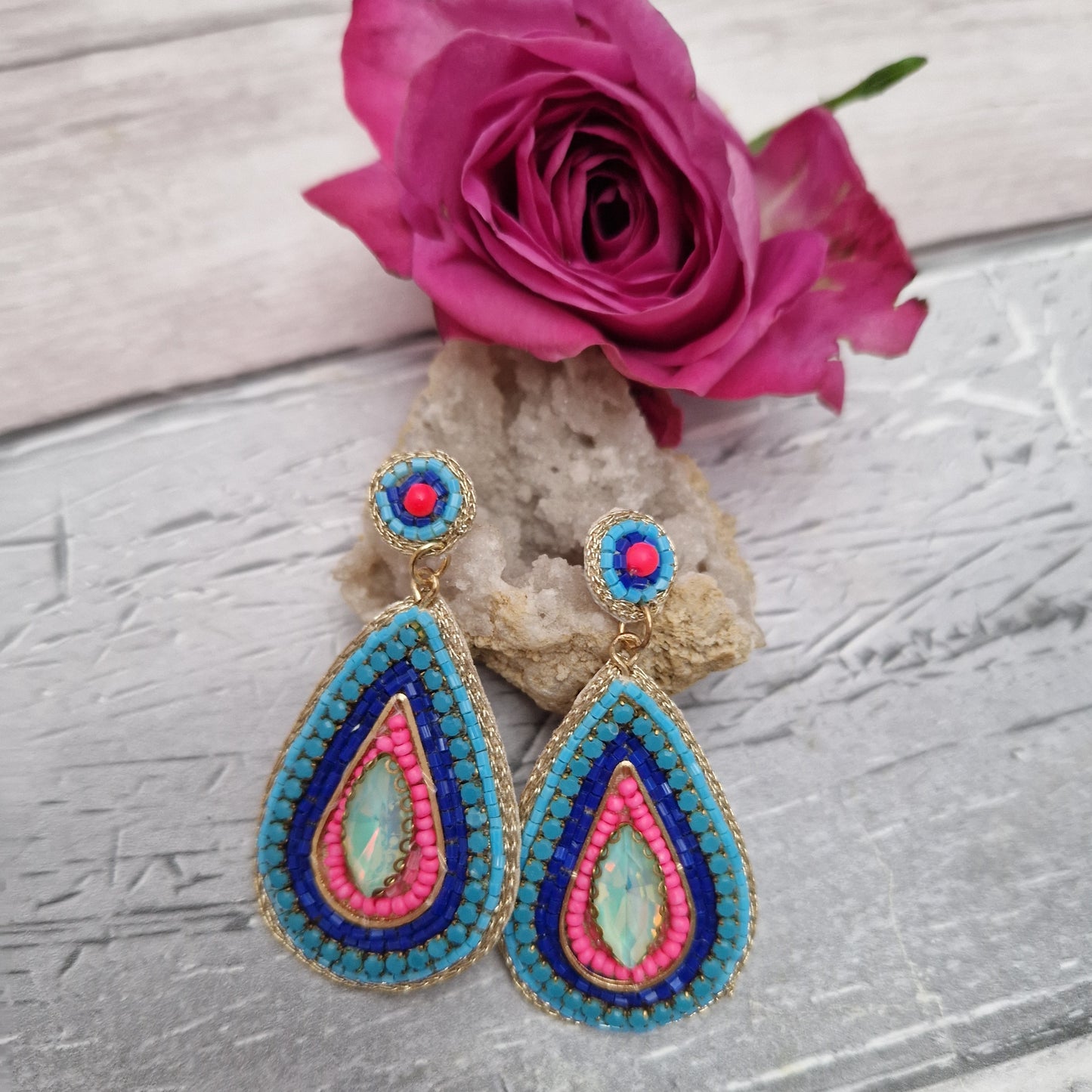 Pink and Blue Aztec inspired beaded drop earrings.