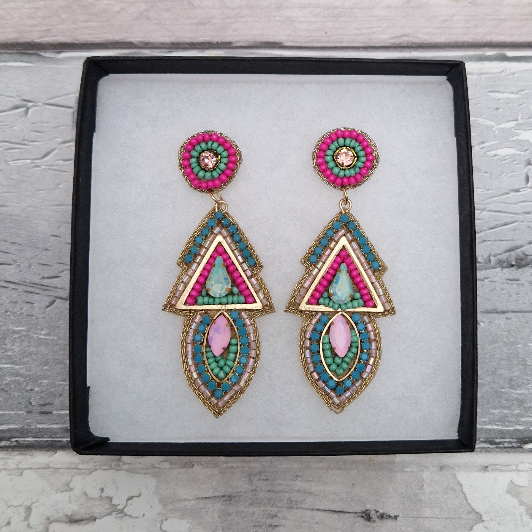 Pink and Blue Aztec inspired beaded drop earrings.