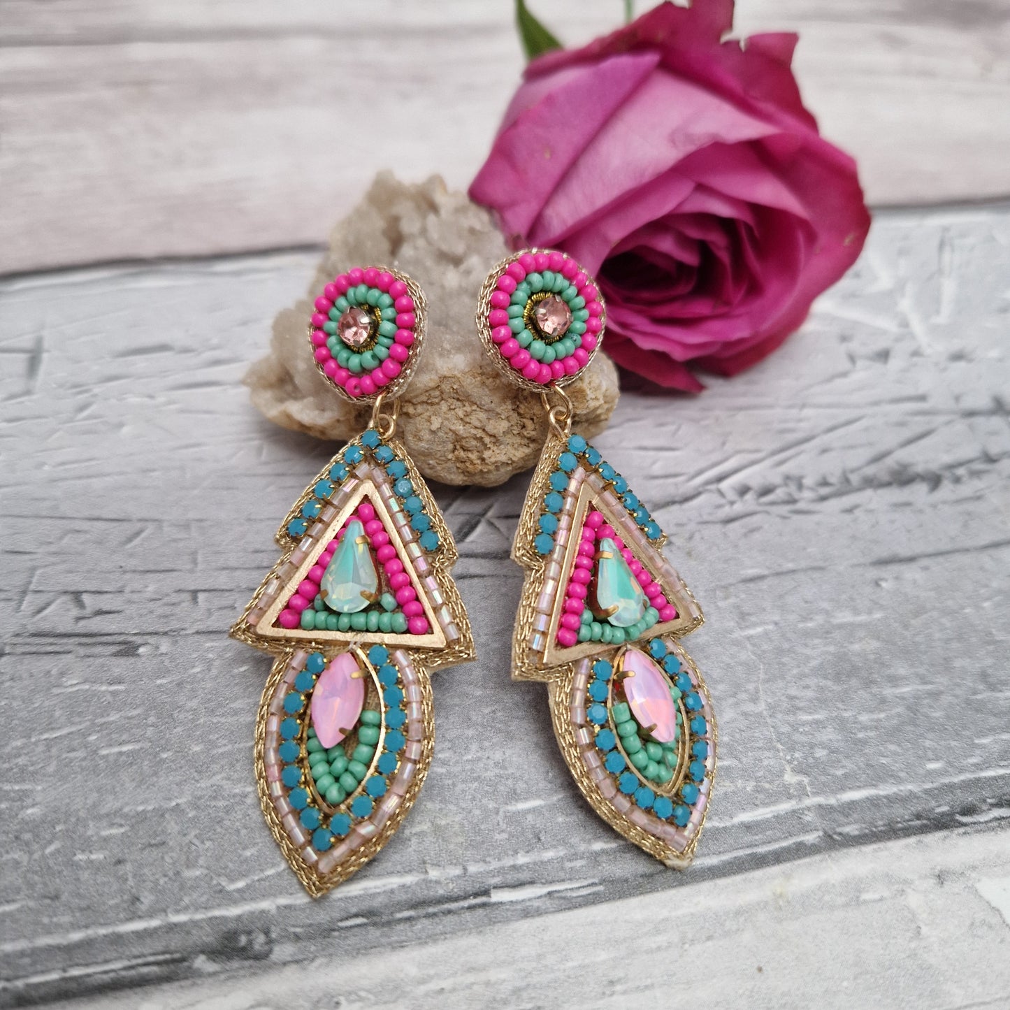 Pink and Blue Aztec inspired beaded drop earrings.