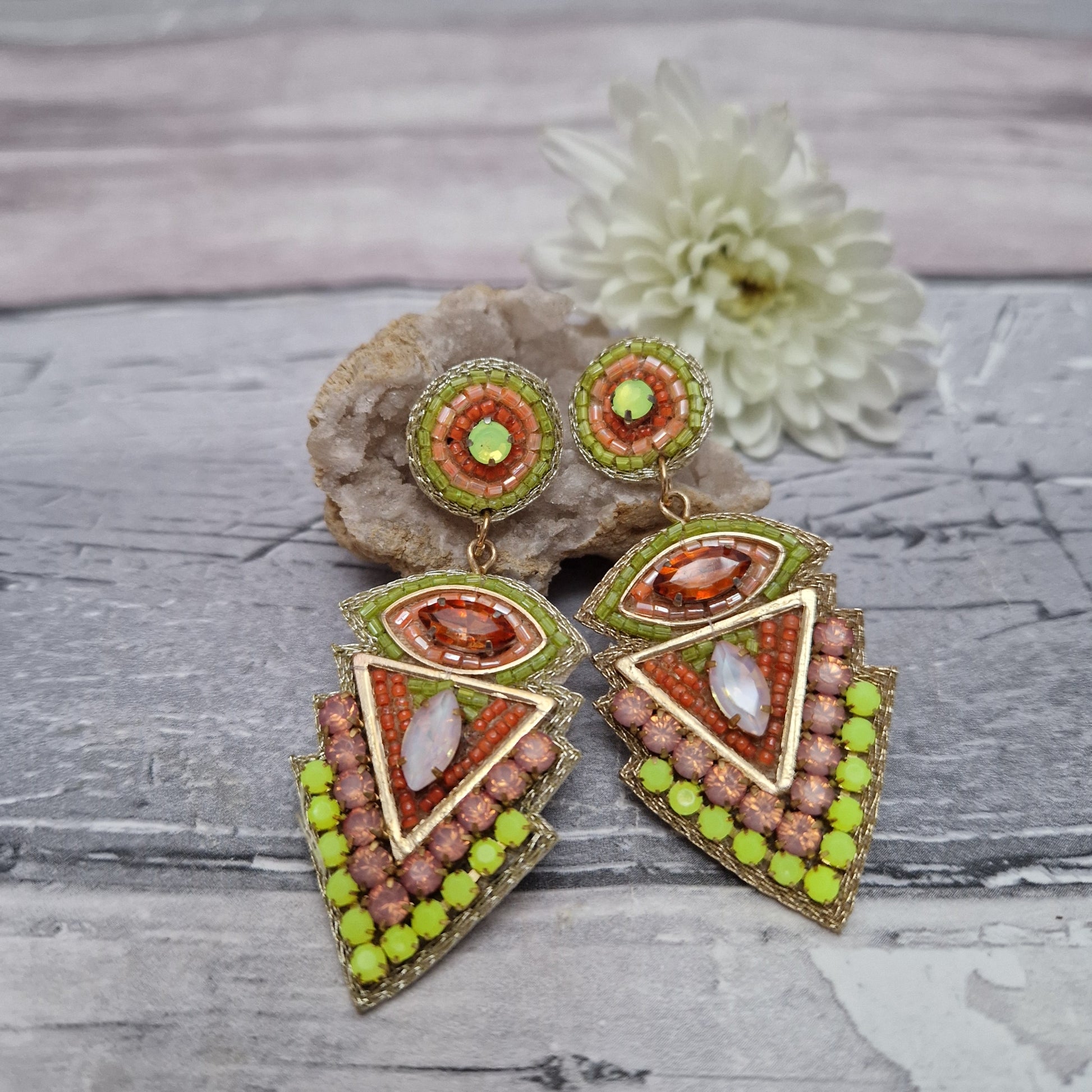 Lime and Orange Aztec inspired beaded drop earrings.