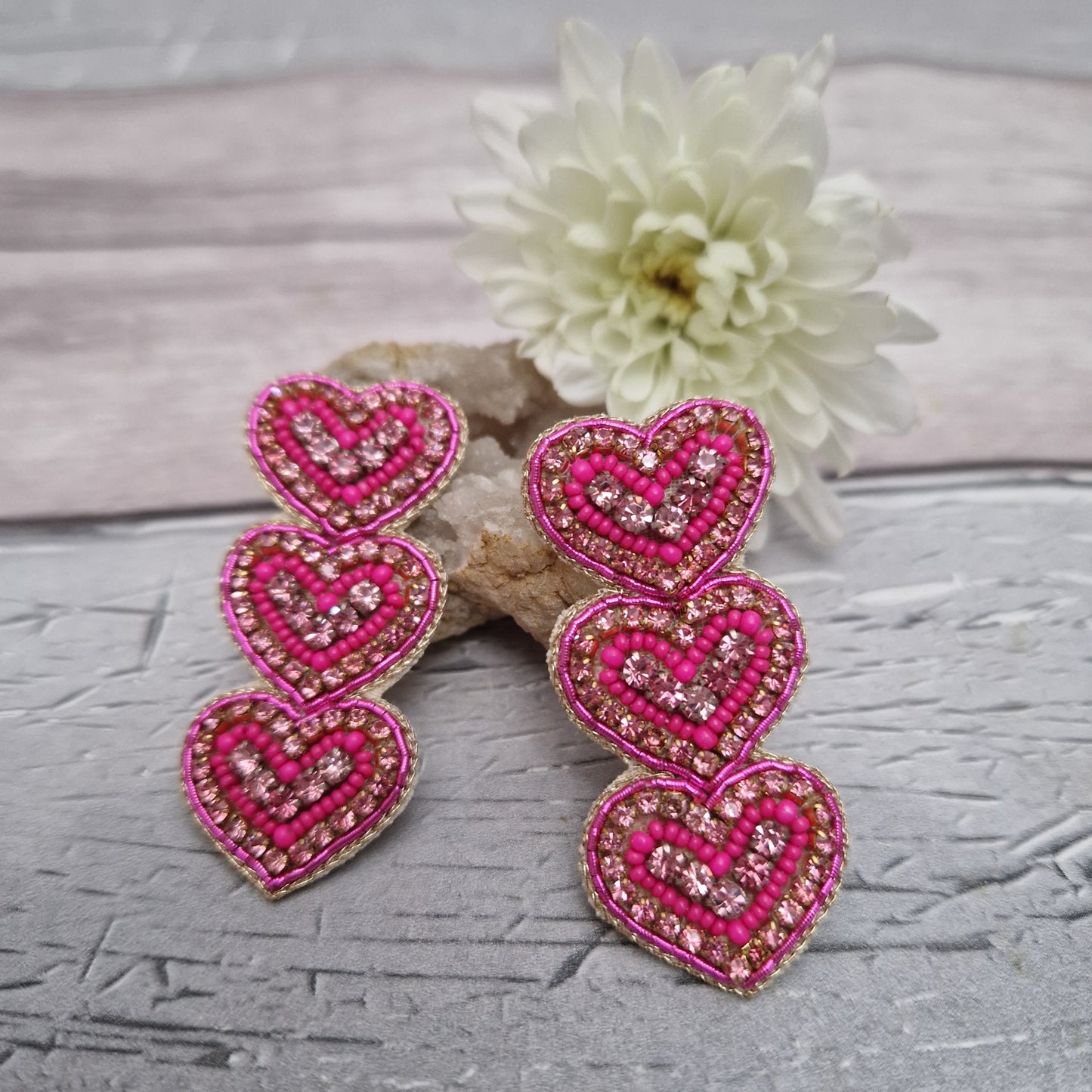 Beaded Heart Drop Statement Earrings
