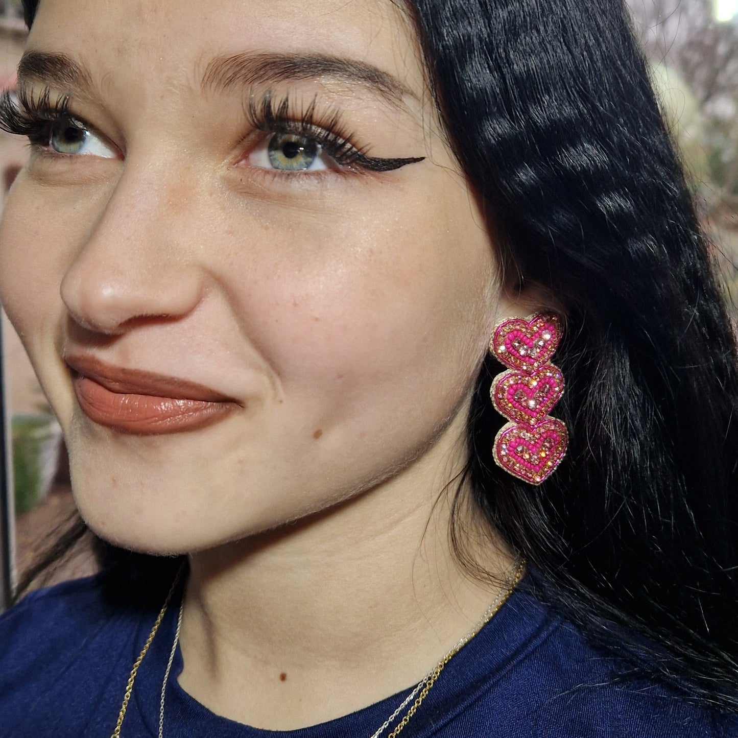 Beaded Heart Drop Statement Earrings