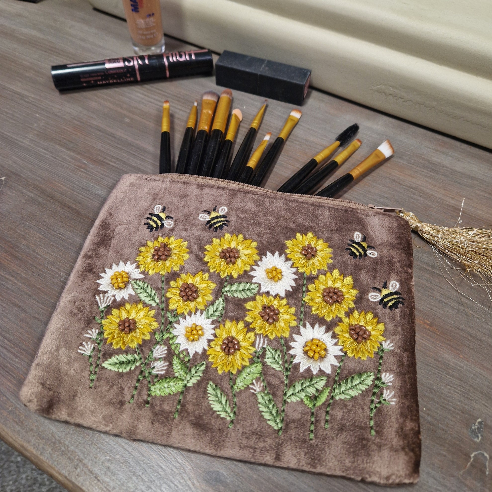 Brown Velvet Pouch being used to store Make Up Brushes in.