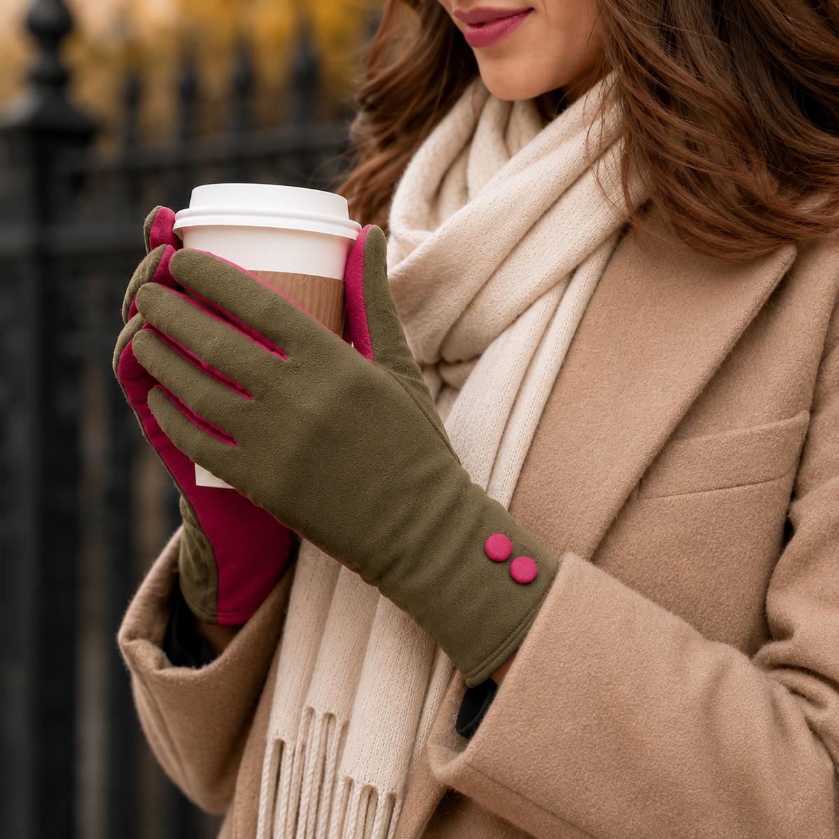 Person wearing a beige coat, beige scarf, and green gloves with pink buttons, holding a coffee cup.
