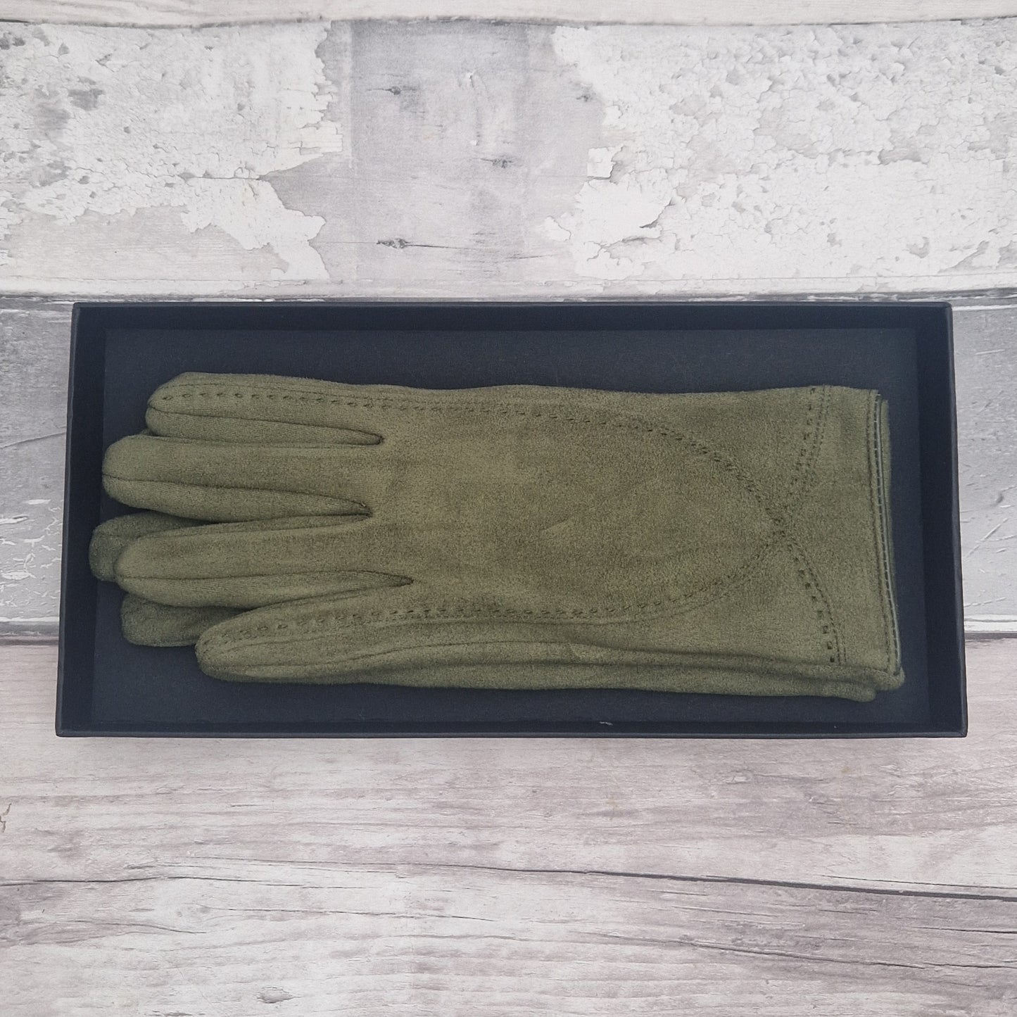 Olive Green suede feel glove in a black presentation gift box.