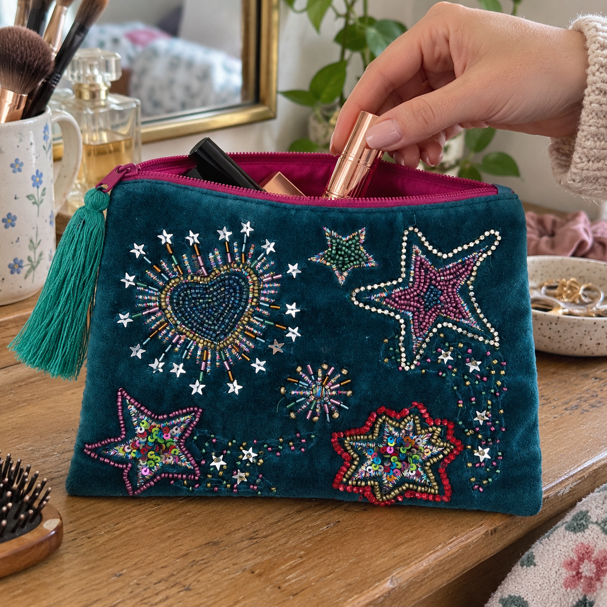 A teal velvet cosmetic pouch with colorful beaded star and heart designs, shown on a wooden table with a hand placing a lipstick inside. The pouch has a bright pink zipper, a teal tassel, and is surrounded by makeup brushes, perfume bottles, and jewelry.