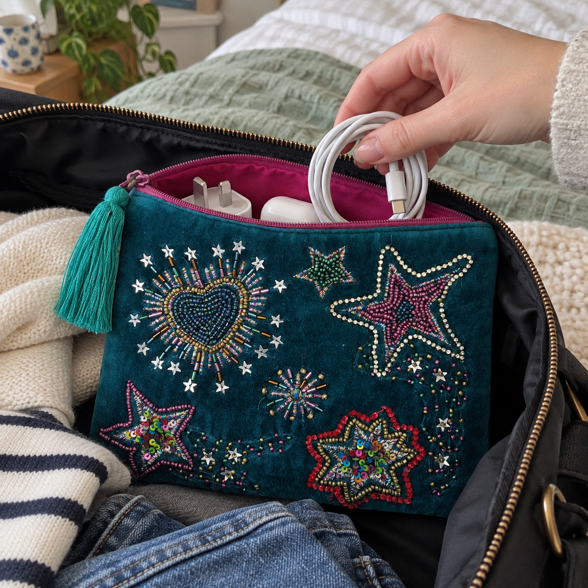 A teal velvet zip pouch with colorful beaded star and sun designs, shown inside an open suitcase with a hand placing a white charging cable inside. The pouch has a turquoise tassel and is surrounded by travel items like a striped sweater and jeans.