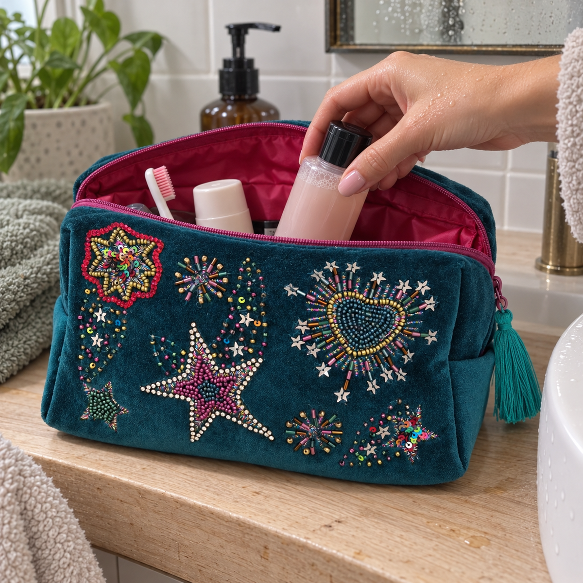 Teal Velvet Wash Bag with Starburst Beaded Embroidery