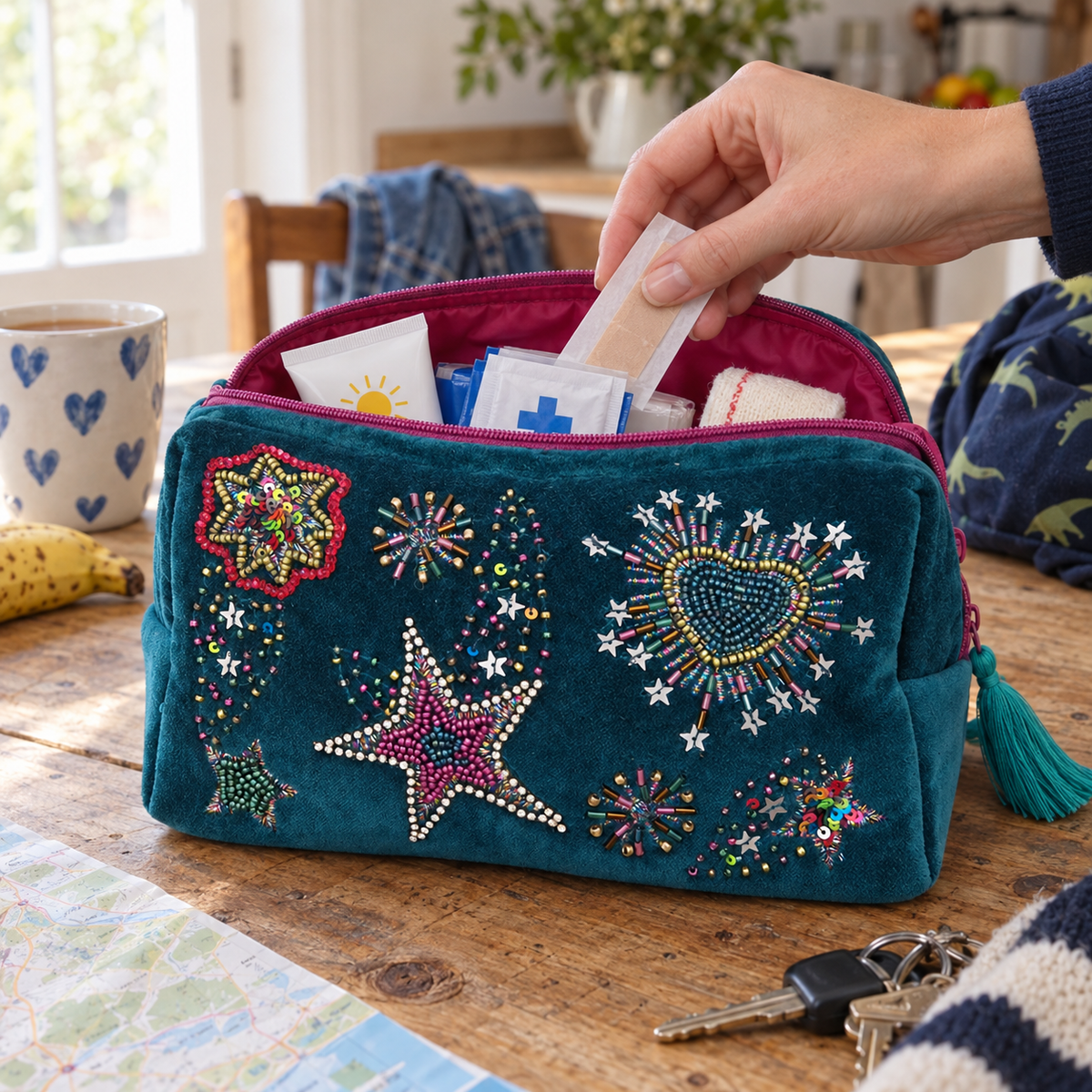 Teal Velvet Wash Bag with Starburst Beaded Embroidery