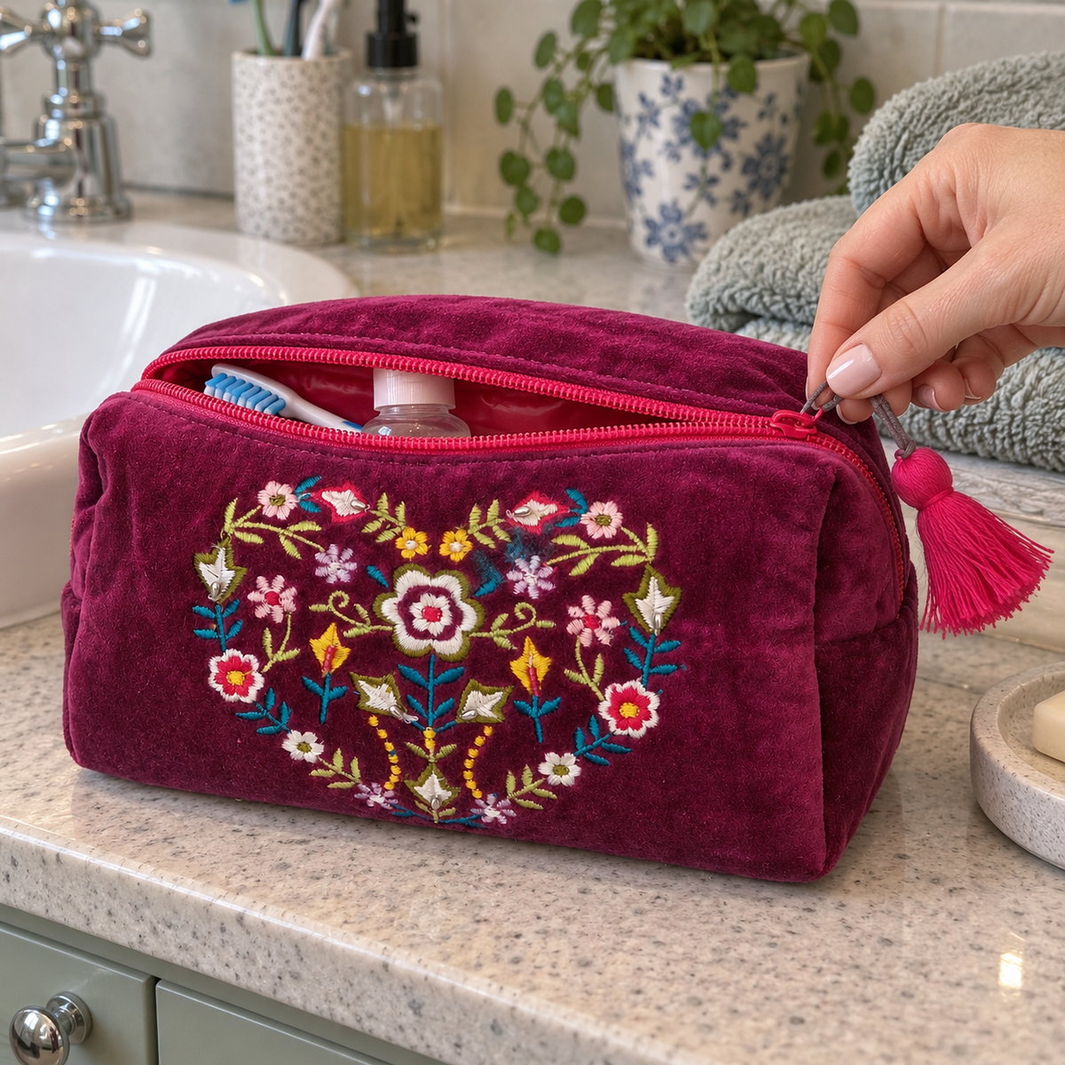 A burgundy velvet cosmetic pouch with a colorful embroidered floral heart design on the front, shown on a bathroom counter with a hand pulling the zipper.