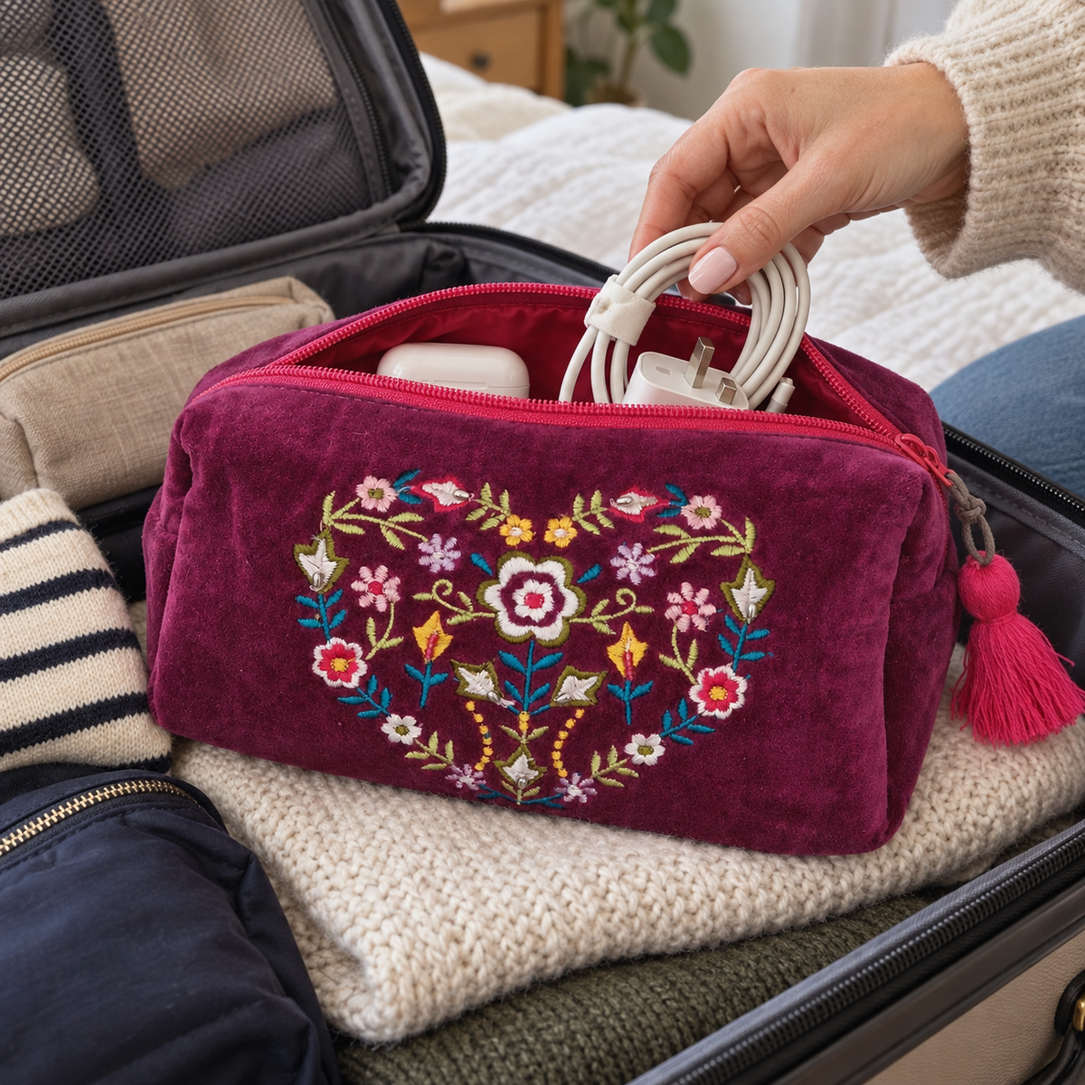 A burgundy velvet travel pouch with colorful floral embroidery and a pink tassel zipper pull, shown inside an open suitcase with a hand placing a white charging cable inside.