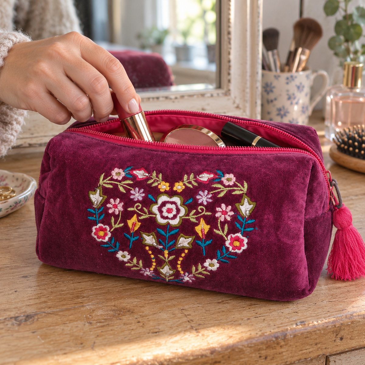 A deep magenta velvet cosmetic pouch with a colorful floral embroidered heart design on the front, shown on a wooden table with a hand opening the zipper.