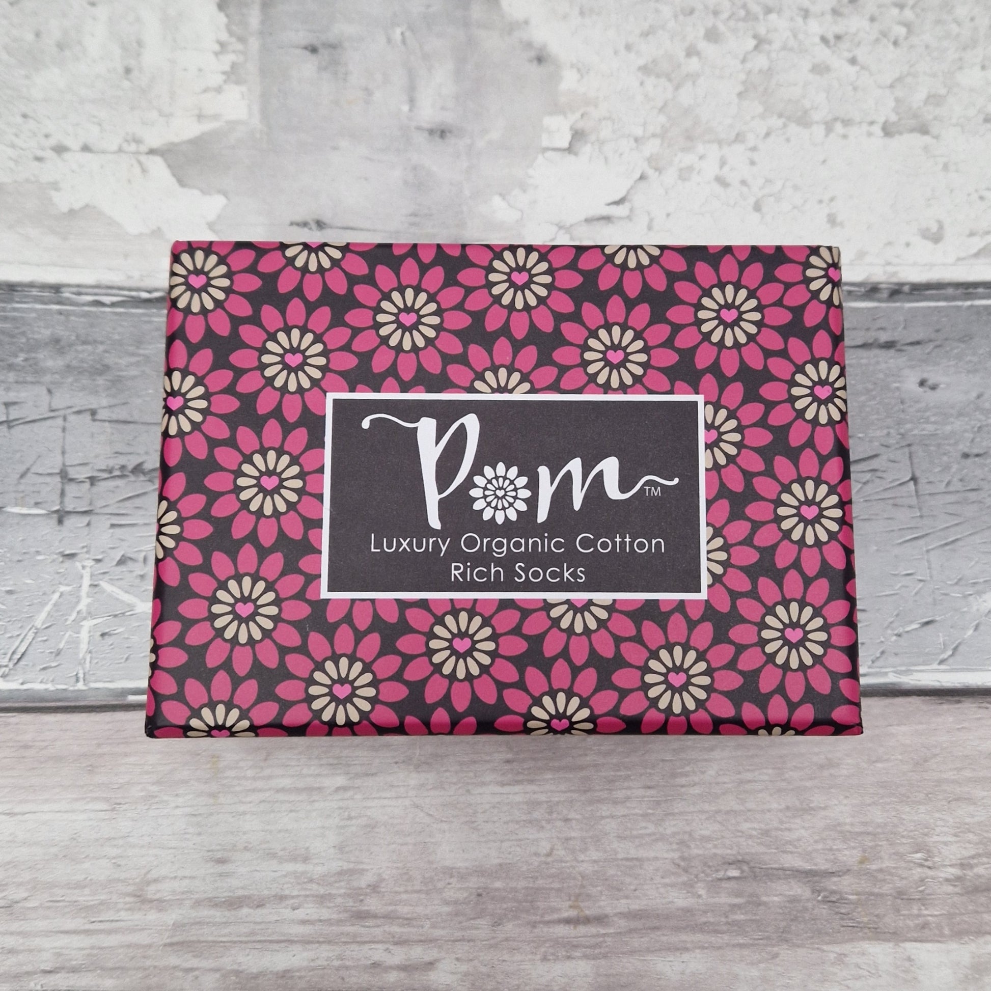 Gift Box of luxury organic cotton socks with floral pattern.