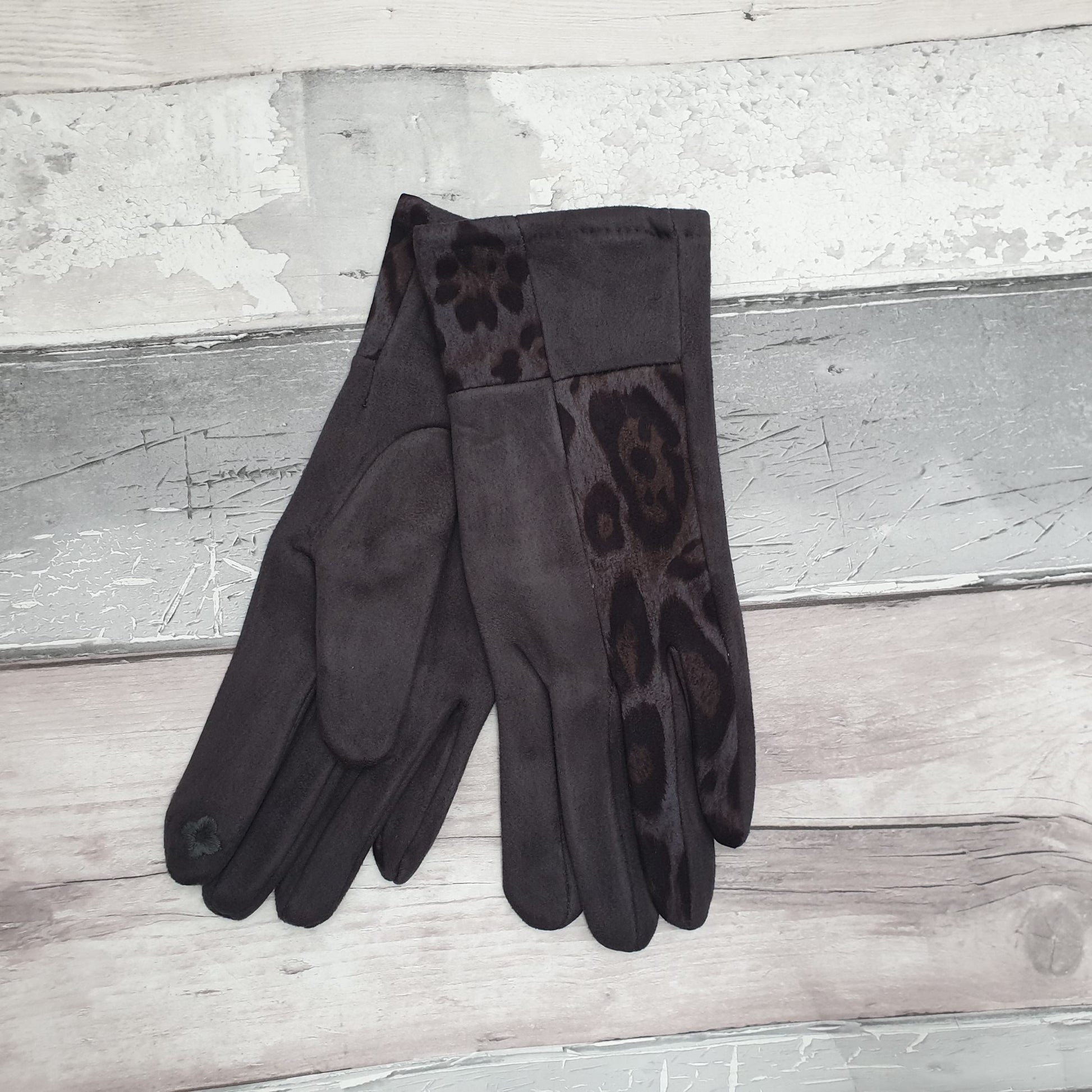 Dark grey gloves with leopard print panels.