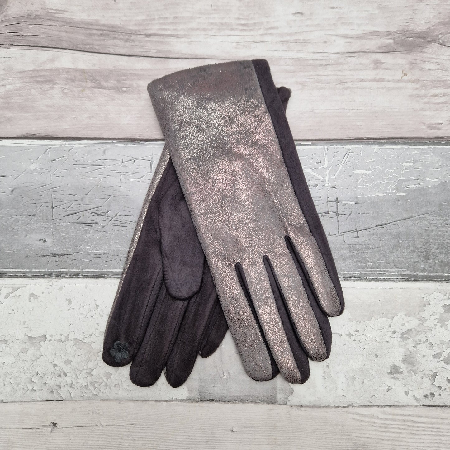Dark grey gloves with metallic finish.