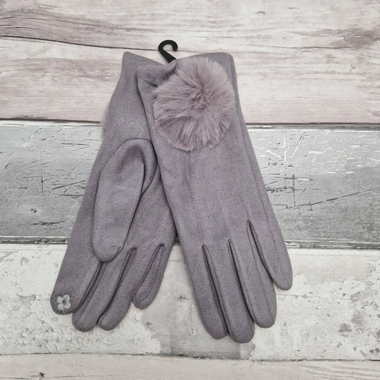 Silver Grey Gloves with Faux Fur Pom Pom