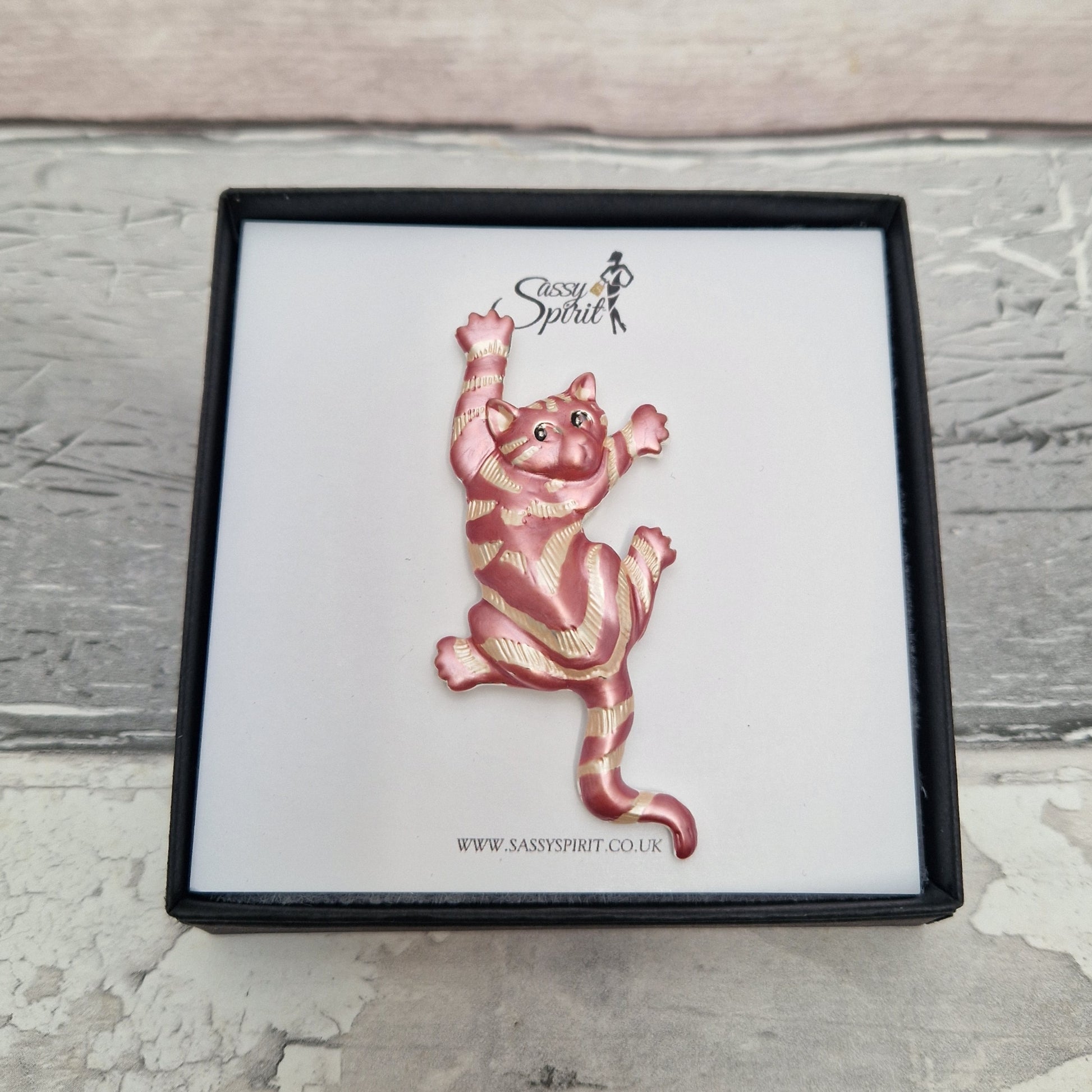 Pink and gold cat-shaped brooch in a black box on a light wooden surface