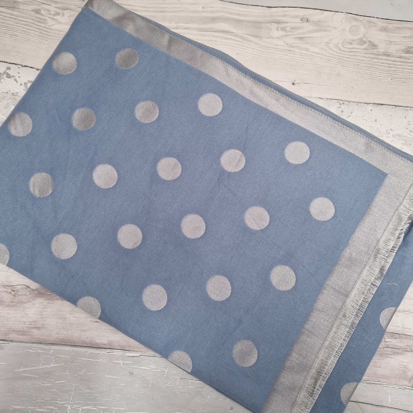 Shimmering Blue and Silver spot print scarf.