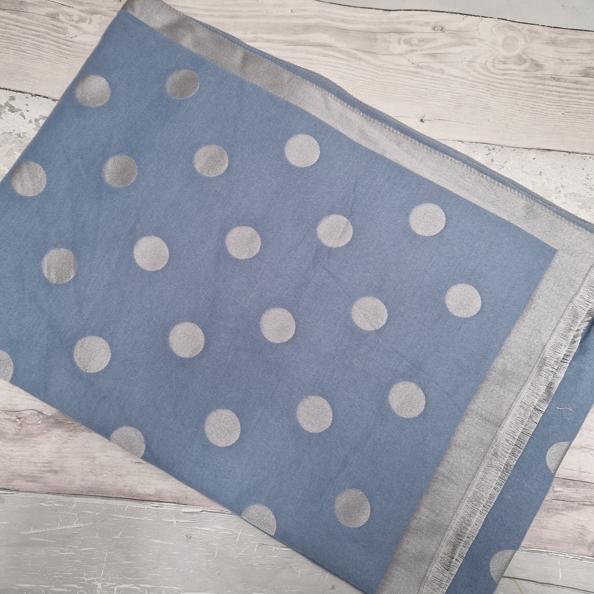 Shimmering Blue and Silver spot print scarf.