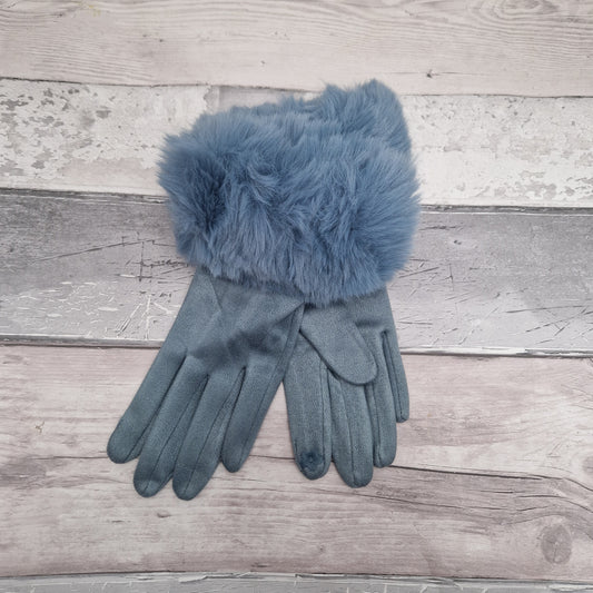 Pair of powder blue suede effect gloves with a faux fur trim.