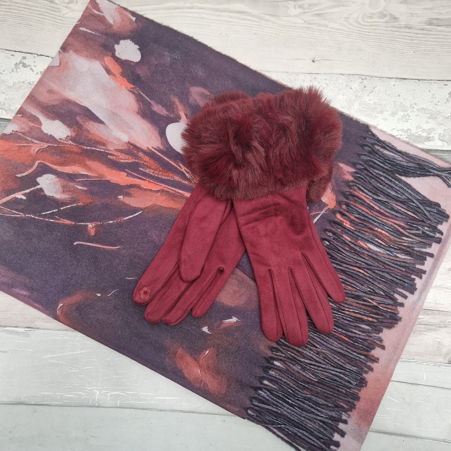 Pink and Burgundy floral scarf with a pair of burgundy gloves with a faux fur cuff.