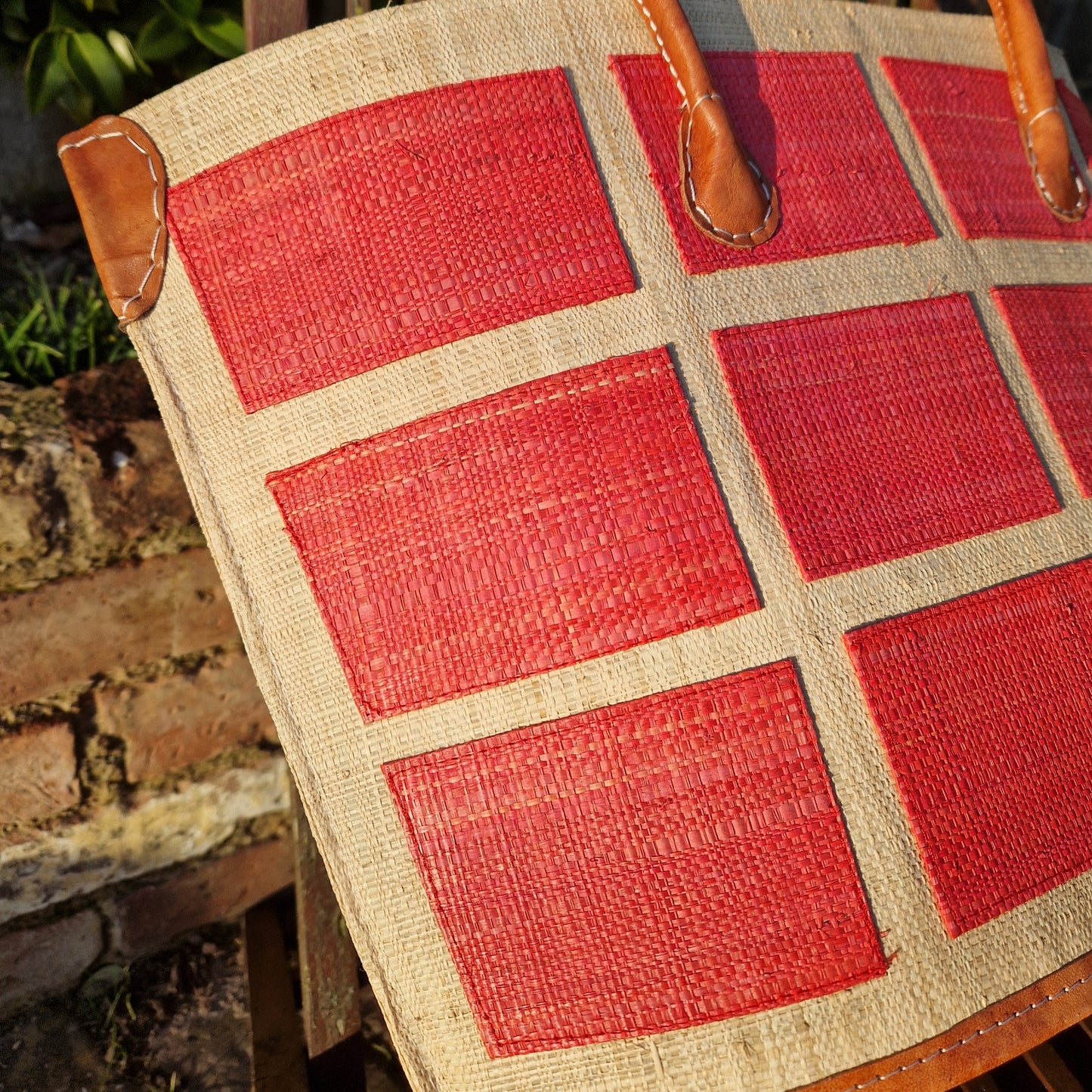 Strawberry Squares Bato Raffia Basket - Medium - End of Line