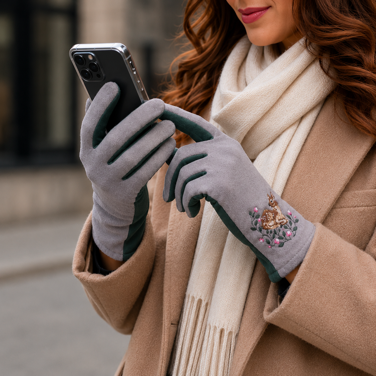 Person wearing gray gloves with a Fawn Deer design, holding a phone, against a blurred outdoor background.