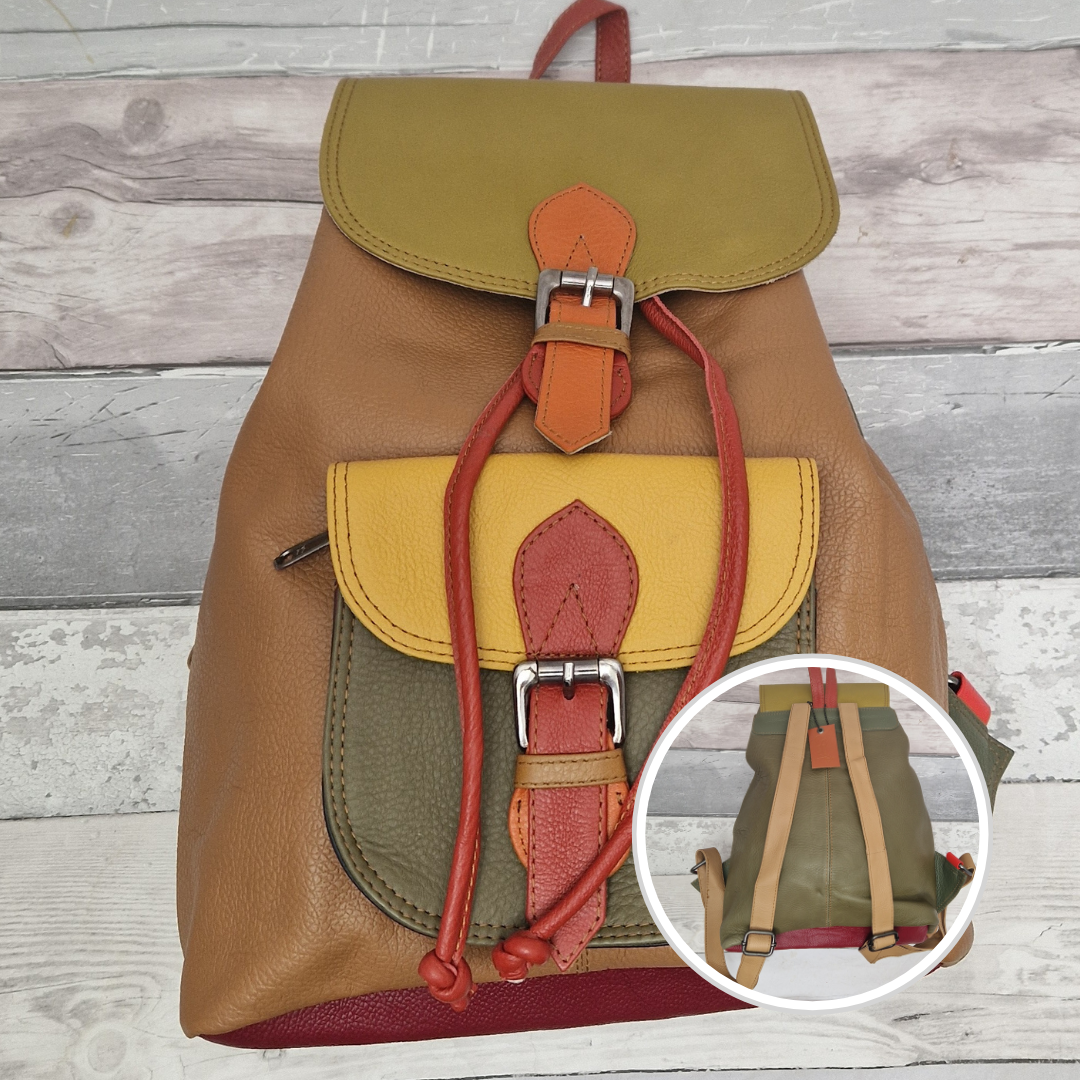 Tan Leather back pack with coloured panels in yellow, khaki and rust.