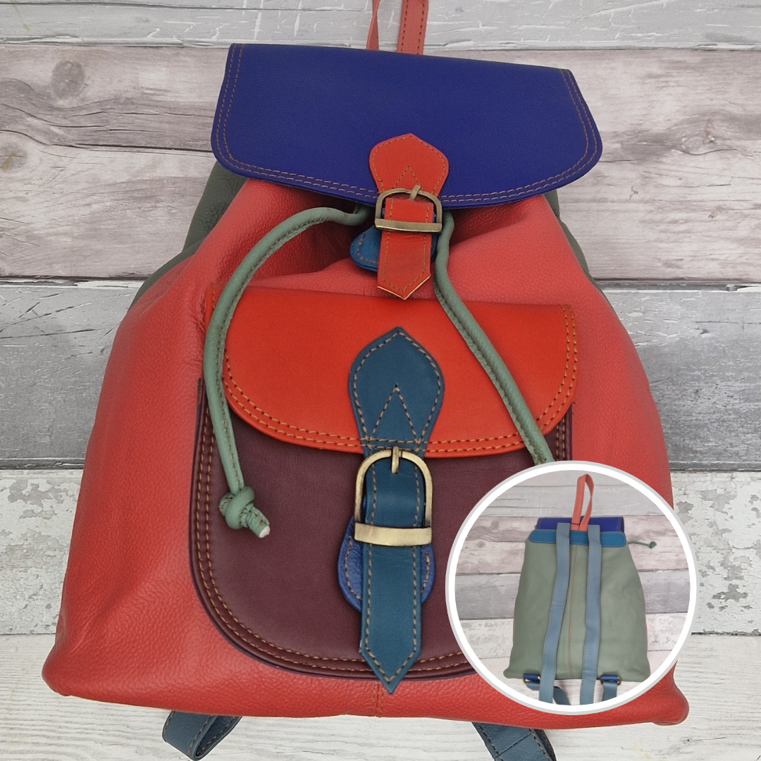Salmon coloured Leather back pack with mixed coloured panels in blue, red and burgundy.
