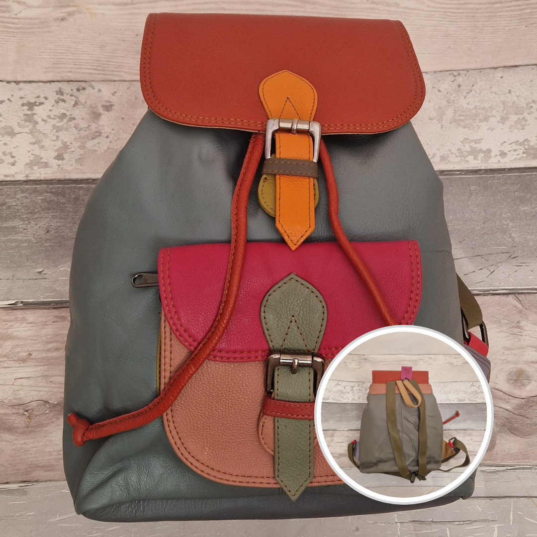 Multicolored backpack made from leather with front pocket and magnetic buckle closers. Stone Blue, orange and pinks.