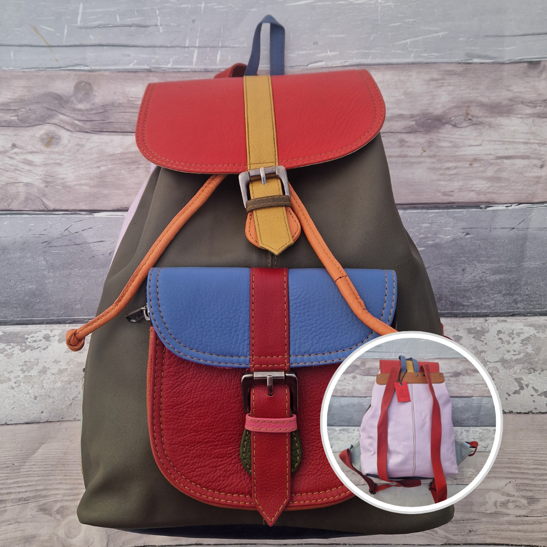 Multicolored backpack made from leather with front pocket and magnetic buckle closers. Olive, Red, Yellow and blue colours.
