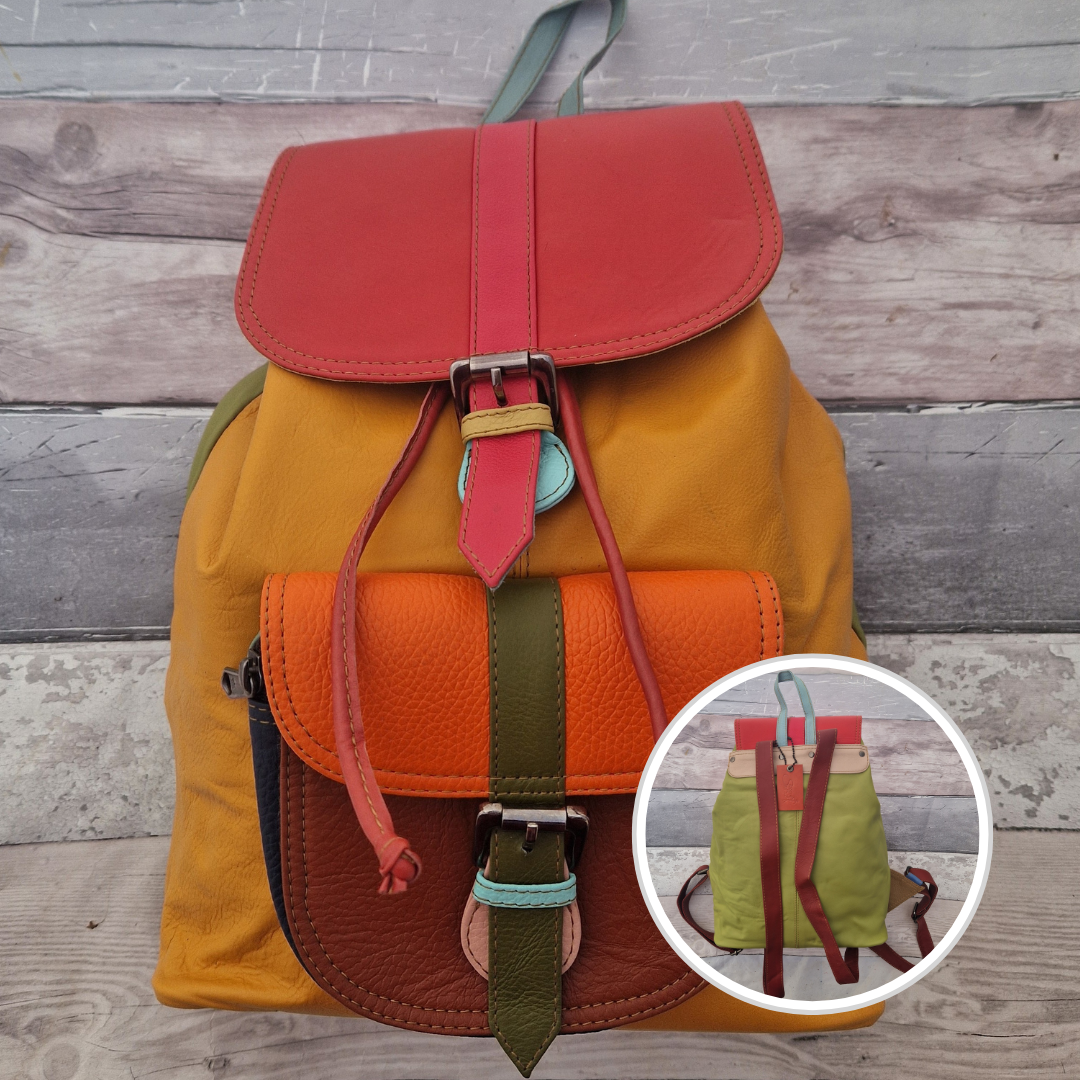 Multicolored backpack made from leather with front pocket and magnetic buckle closers. Sunshine yellow, orange and red colours.
