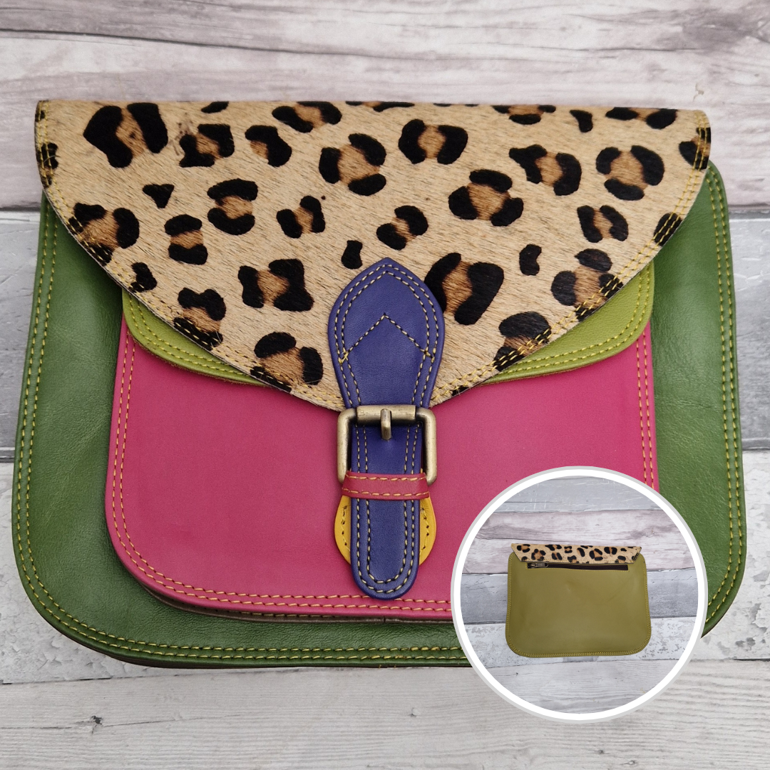 Large Saddlebag style leather crossbody bag. Multicoloured panels of green, pink and lime finished with a leopard print textured flap.